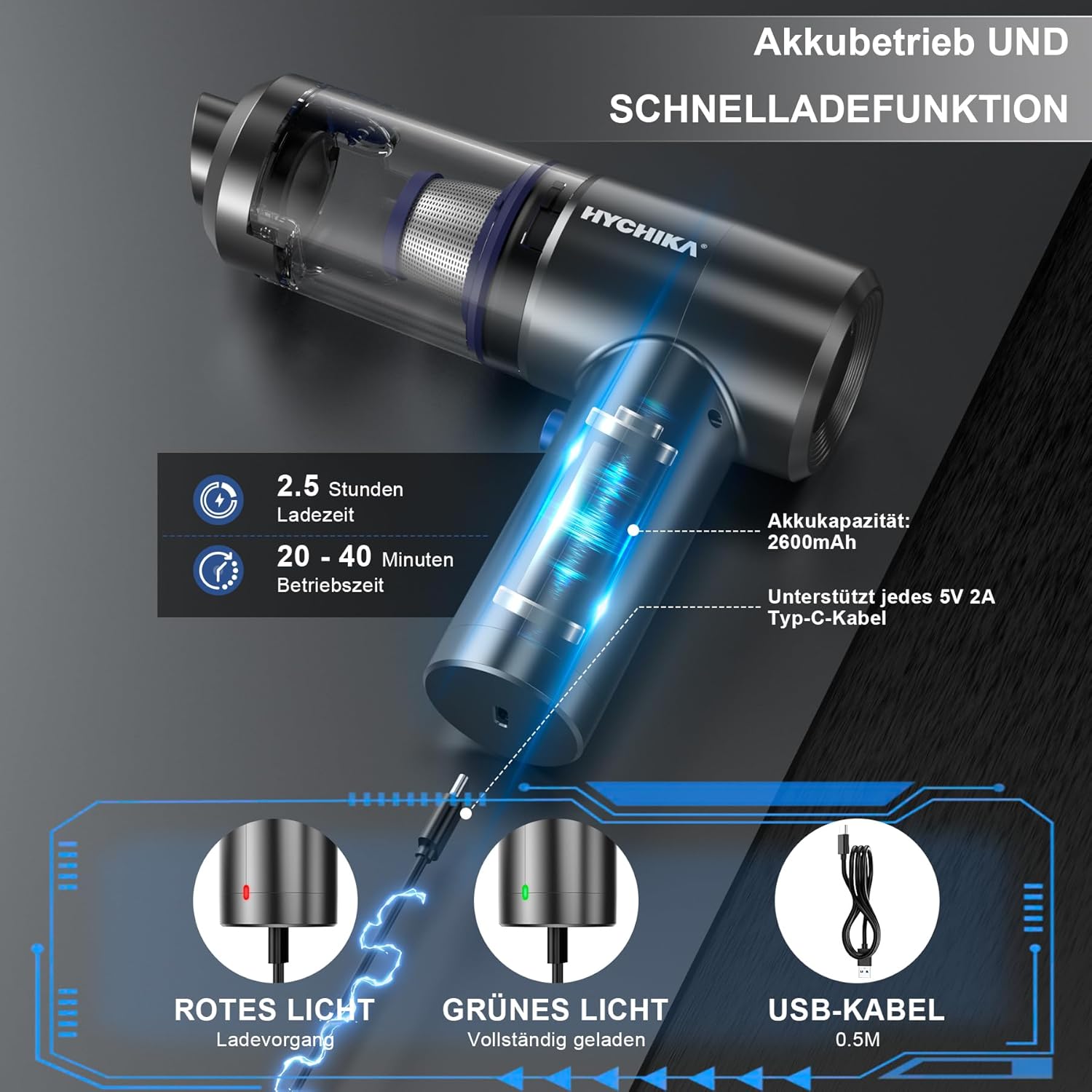 HYCHIKA porszívó akkumulátor és töltés