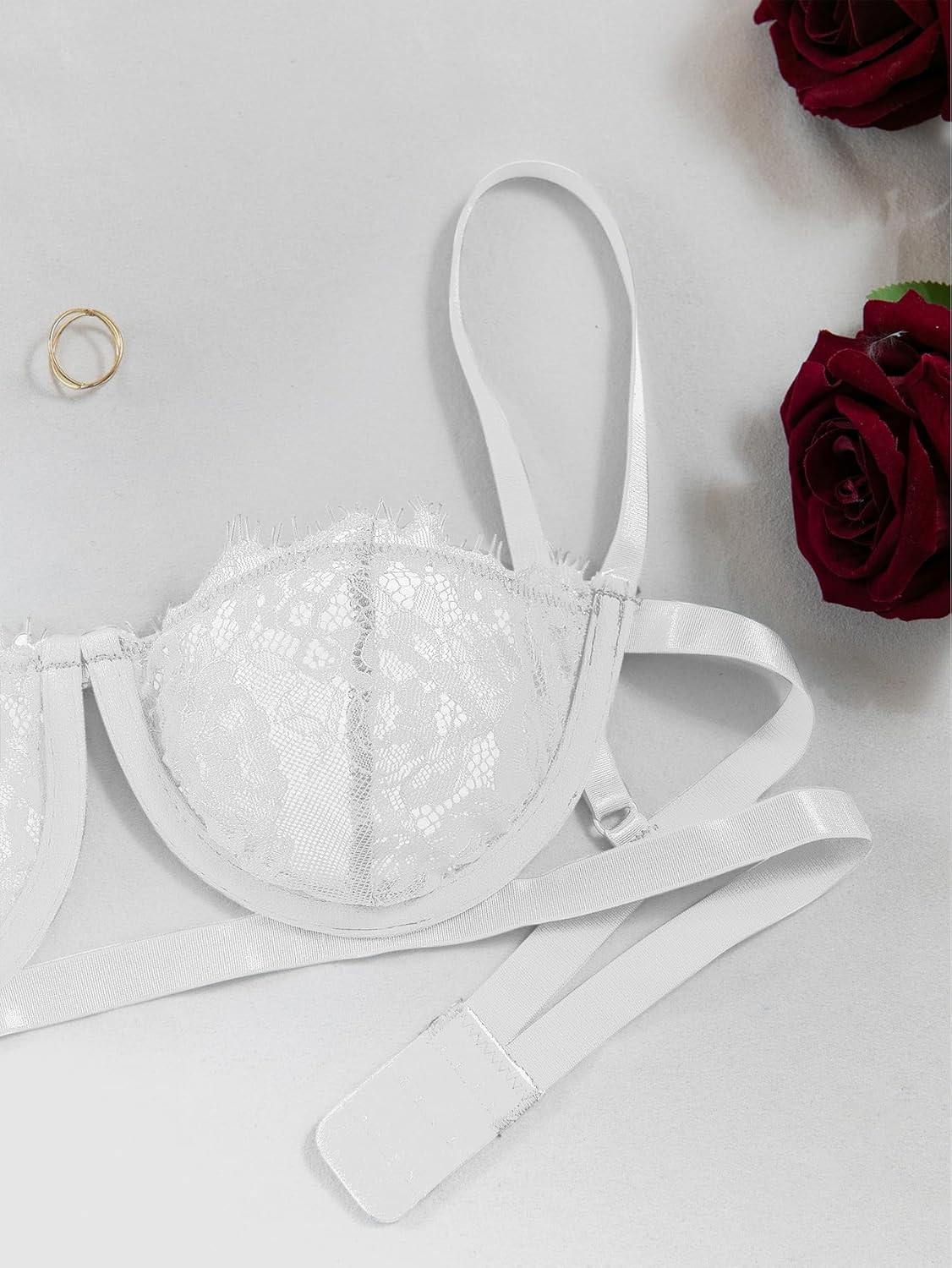 Lilosy Sexy Eyelash Underwire Floral Lace Sheer O Ring Linked Cutout Lingerie Set - Image 6