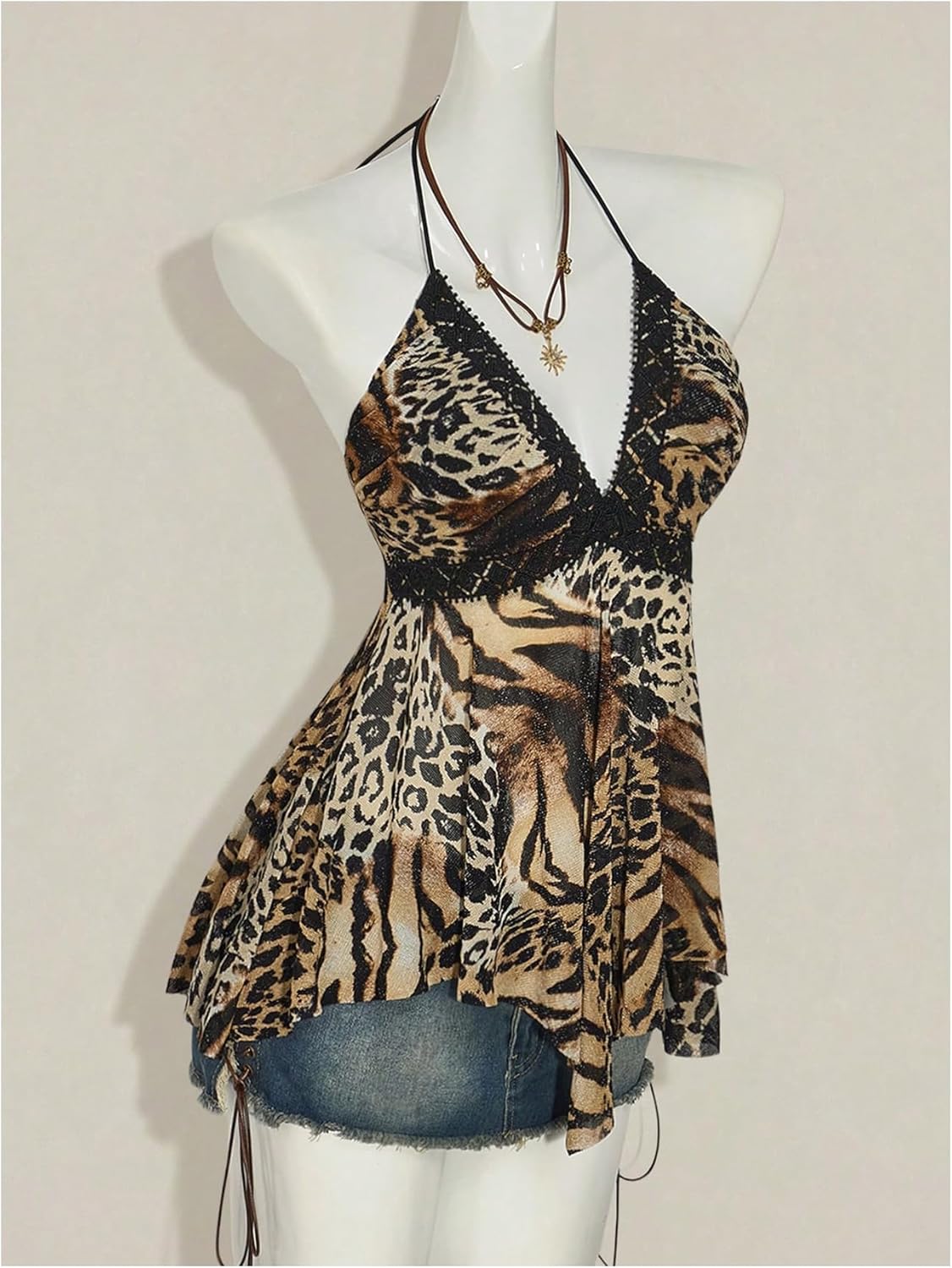 Women's Leopard Halter Top Vintage Cheetah Flowy Tie Backless Asymmetrical Camisole Tops Party Club Going Out Outfits - Image 4