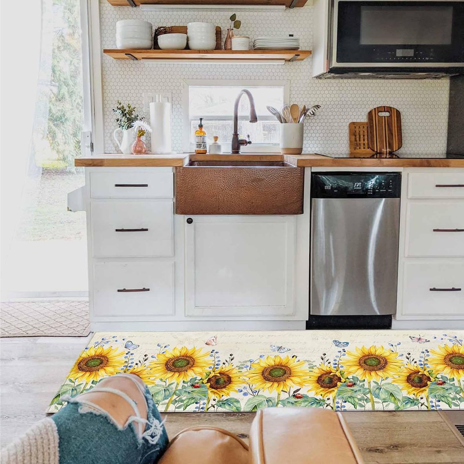 2 Pieces Kitchen Rugs and Mats,Retro Sunflower Butterfly Leaf Area Runner Rug Set Non Slip Floor Doormat Washable Carpet Standing Mat for Kitchen Sink Indoor Corridor,Pastoral Theme Postcard Back