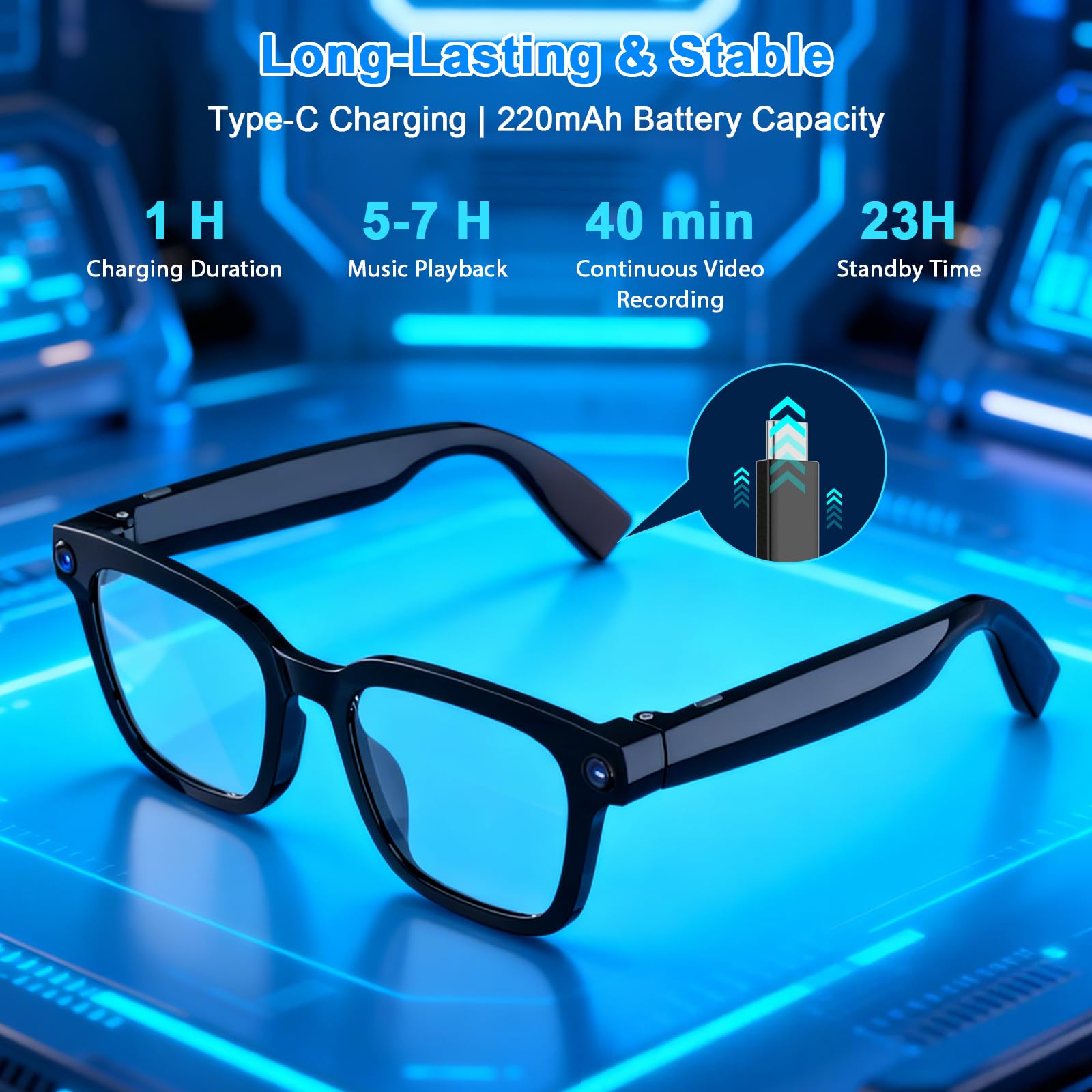 GenXenon Gafas con Cámara, Cámara 8 MP 1200P, Gafas IA con Puerto de Carga USB-C, Doble Micrófono Abierto, Admite Foto, Video y Audio, Reconocimiento de Objetos por IA, Lentes Fotocromáticas