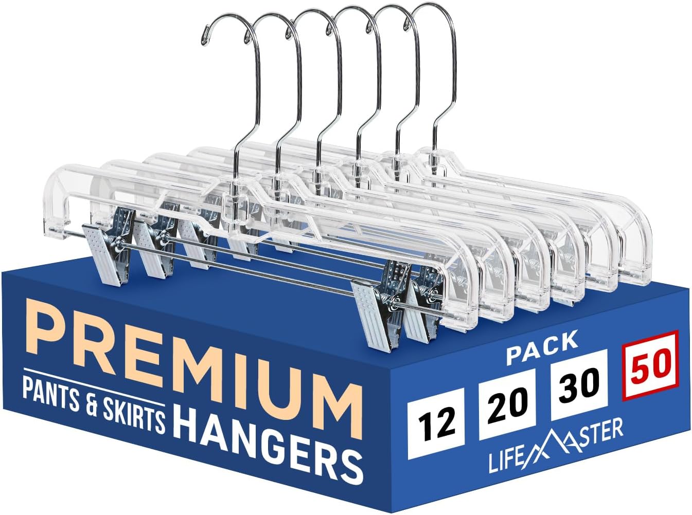 Clear Plastic Hangers - 50 Pieces 14 Inches Anti-Slip Space-Saving, Closet Organization Solution - Pants, Trousers, Skirts, Jeans Hangers with 360 Swivel Hook and Adjustable Clips - Clear