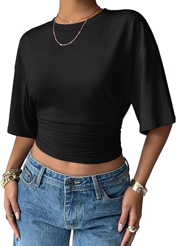 Sampeel Crop Summer Tops 2026 Trendy Batwing Short Sleeve Ruched Waist Slim Fitted Basic Tees Going Out T Shirts Fashion - 60% off