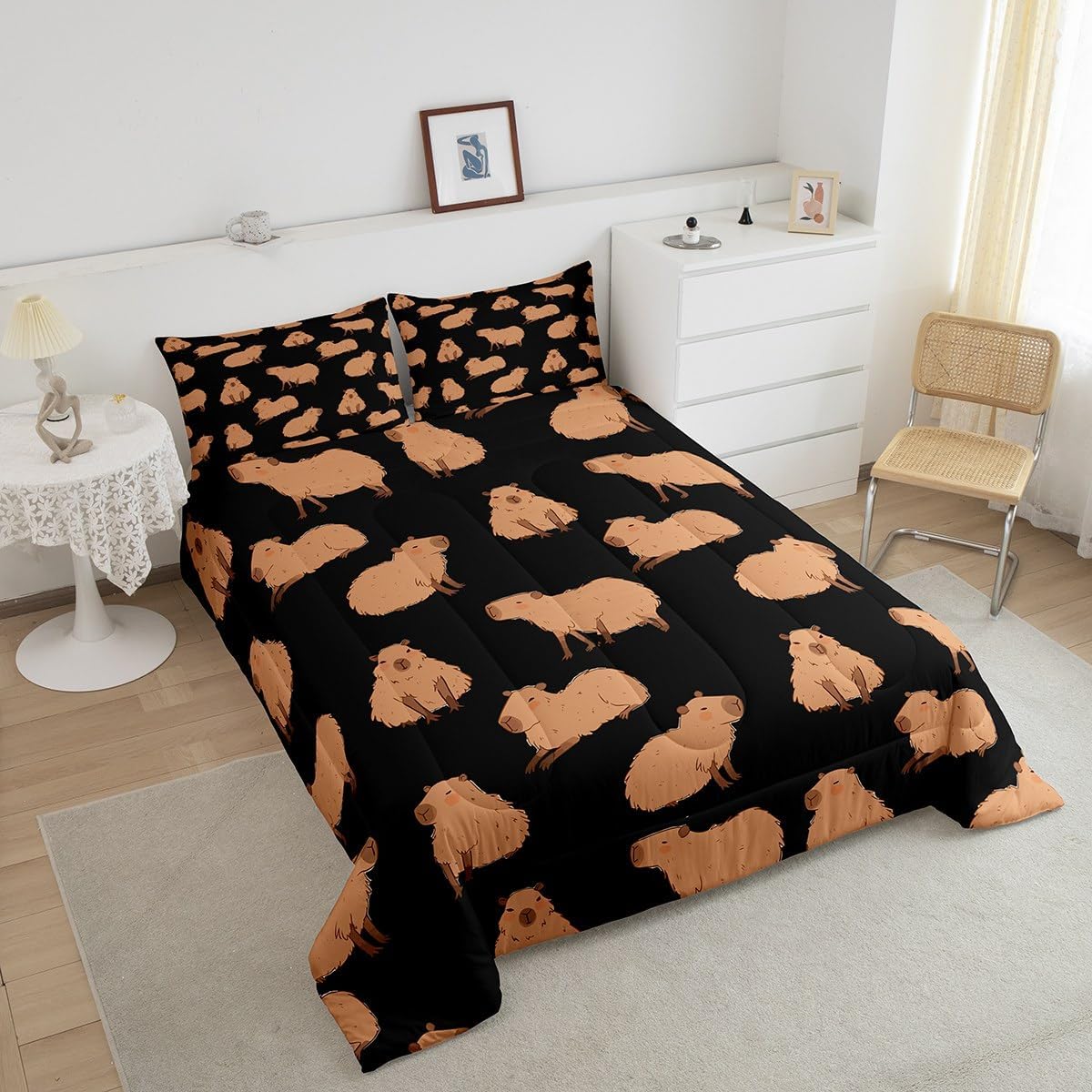 Feelyou Cute Capybara Comforter Set Full Size with 1 Pillow Case Cartoon Capybara Print Bedding Set Wildlife Decor Comforter Black Quilted Duvet Set for Kids Adults Boys
