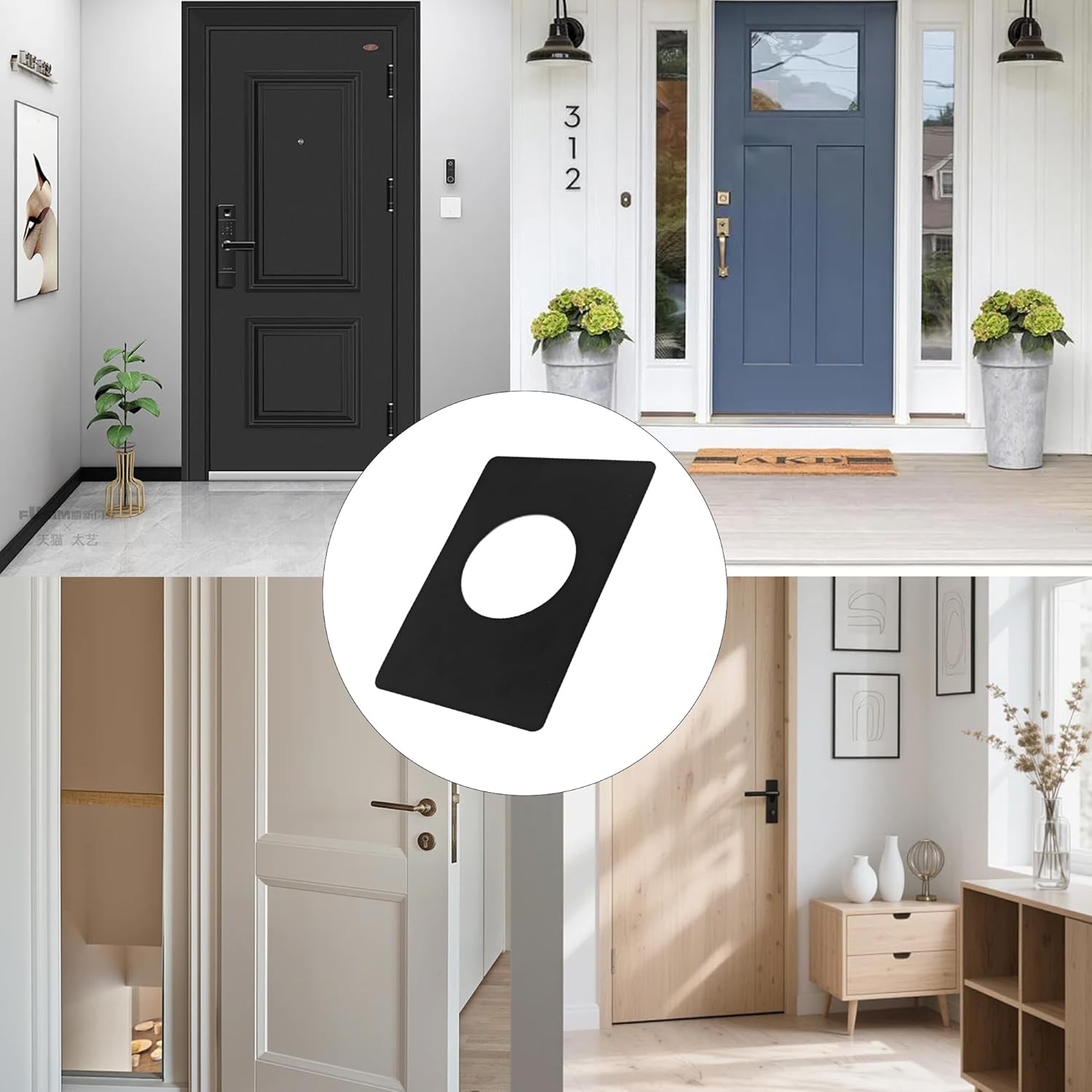 4Pcs Door Knob Reinforcement Plate, Stainless Steel Door Lock Repair Backplate, Hole Cover & Fixing Plate for Handle, Lever, Deadbolt, Prevents Loose Locks, Easy Install (Black)