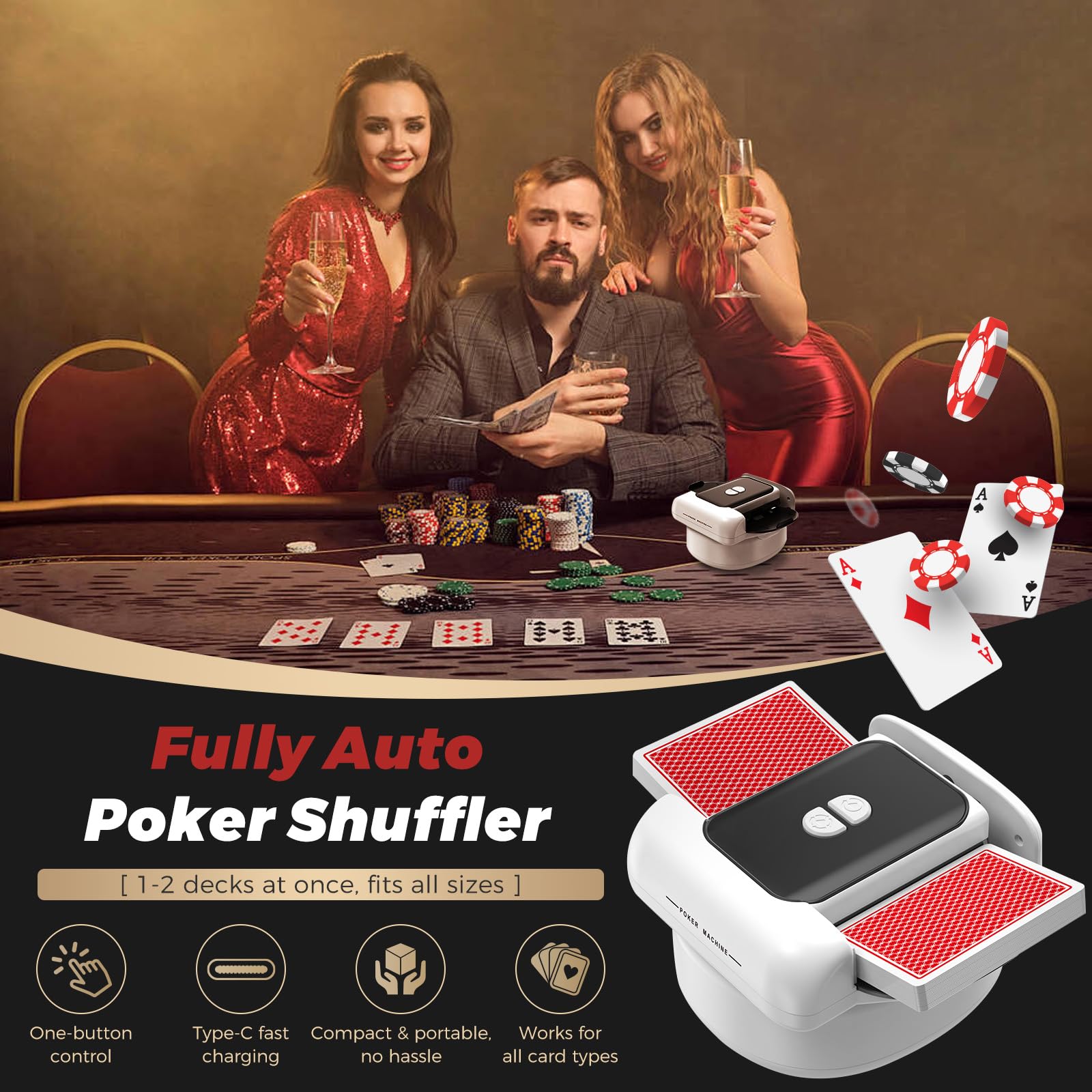 Shuffler automatico di carte, 2 modalità di funzionamento, ricaricabile con batteria a lunga durata, silenzioso, per UNO, Poker, carte Blackjack, nero (bianco e nero)