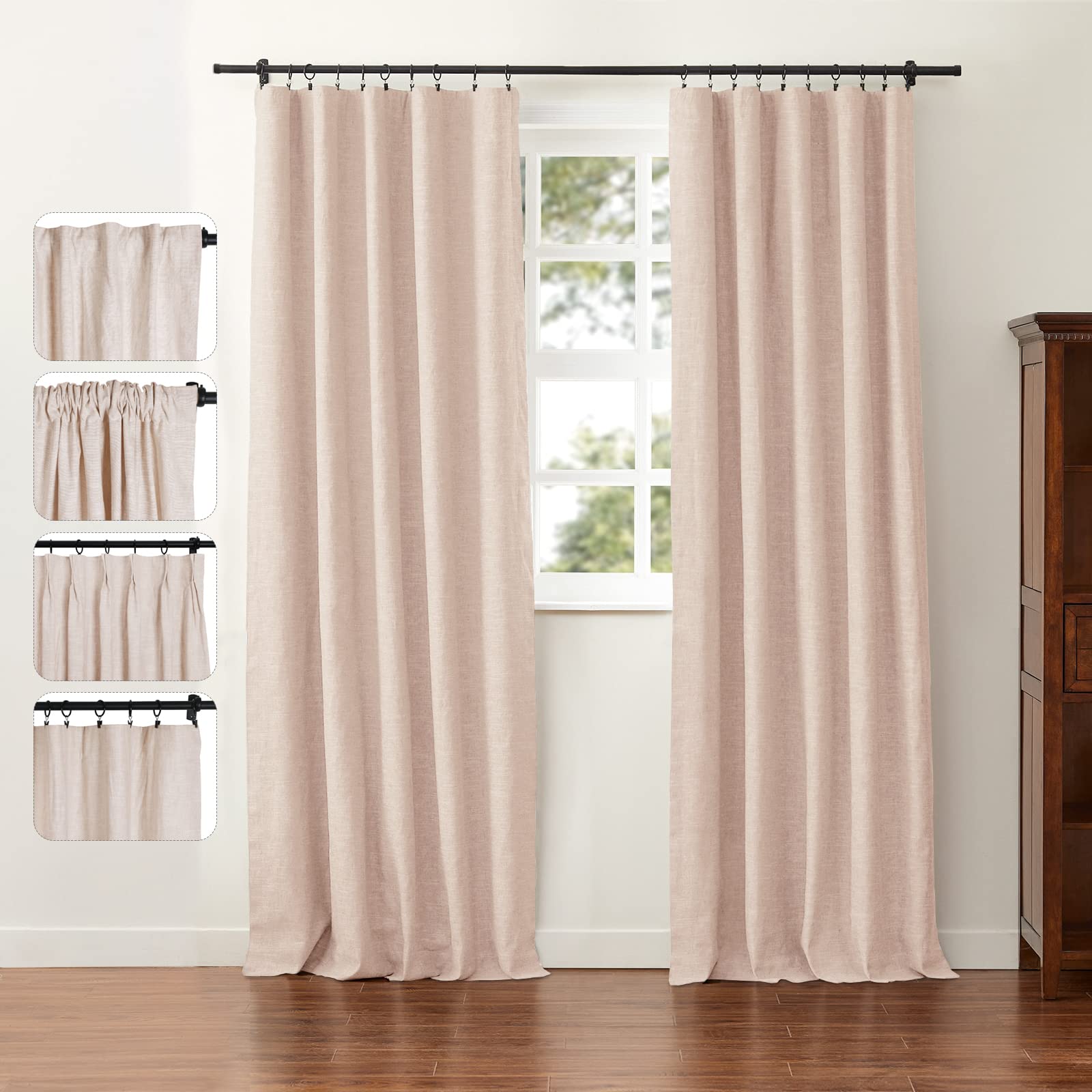ChadMade Cotton Linen Blend Drape 90 Inches Long Light Filtering Natural Curtain for Kids Room, Rod Pocket Back Tab Lined Drape Privacy Window Treatment (50
