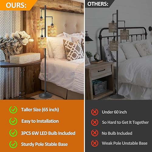 Miniatura 2 de Lámparas de pie de ratán de 3 luces con interruptor de pie de encendidoapagado, lámpara de pie de árbol con pantallas de ratán de madera, lámpara de