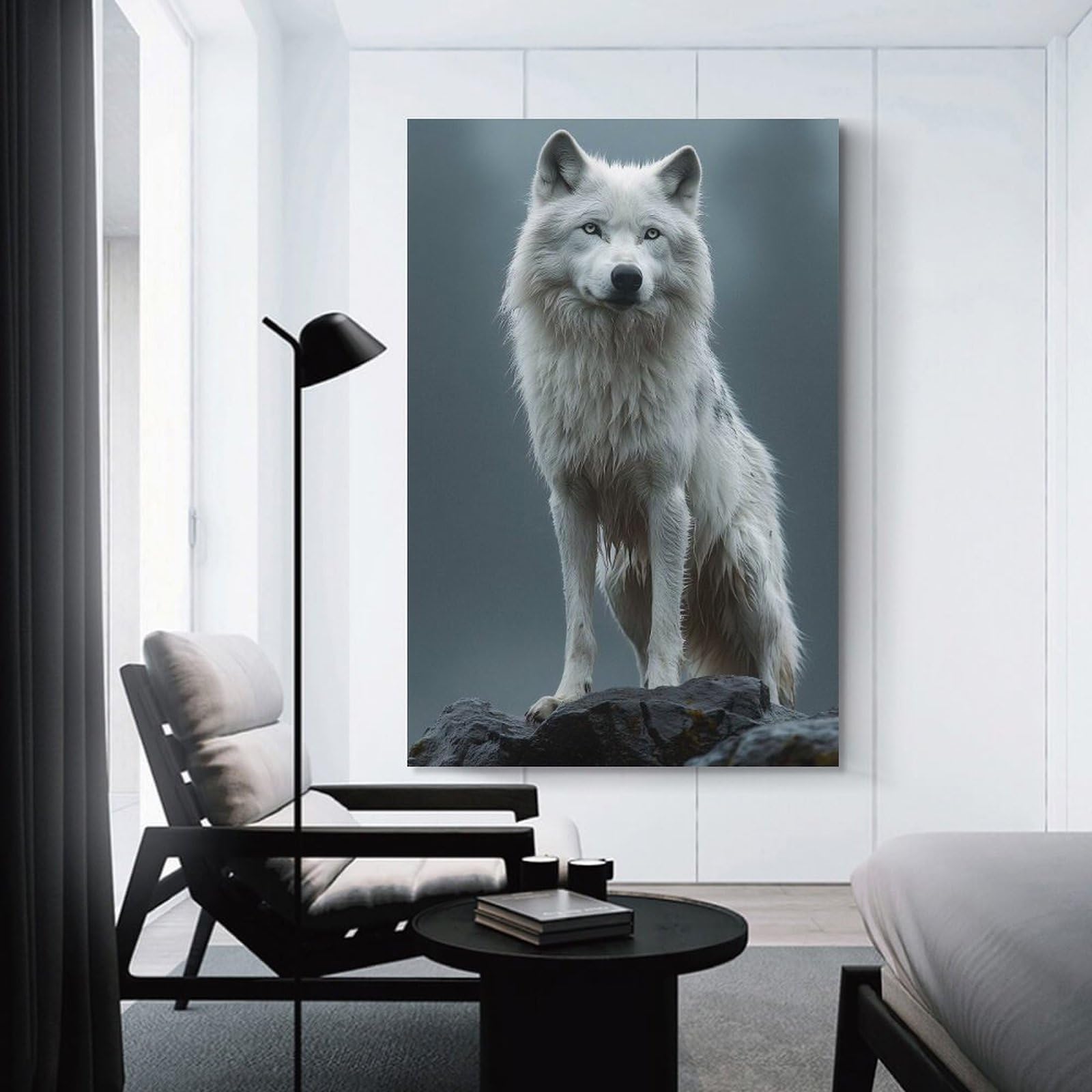 Junmoney Majestic White Wolf Portrait Canvas Art Print, 08x12inch(20x30cm), for Bedrooms, Workspaces And Everyday Interiors, A Flexible Wall Accent for Shared Spaces