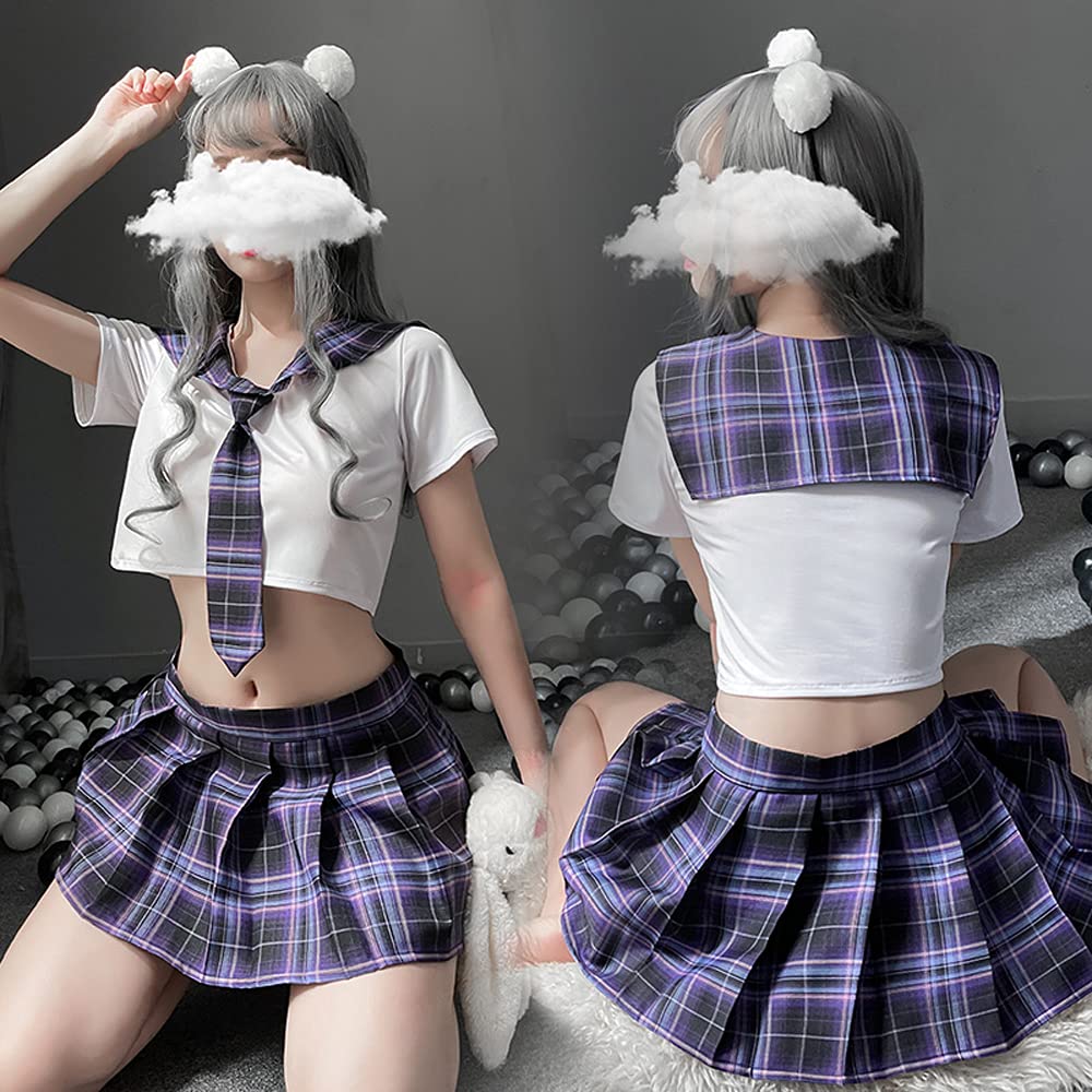 Schoolgirl Outfits Japanese Plaid Pleated Skirt JK Uniform Cosplay Lingerie: 7039white Purple