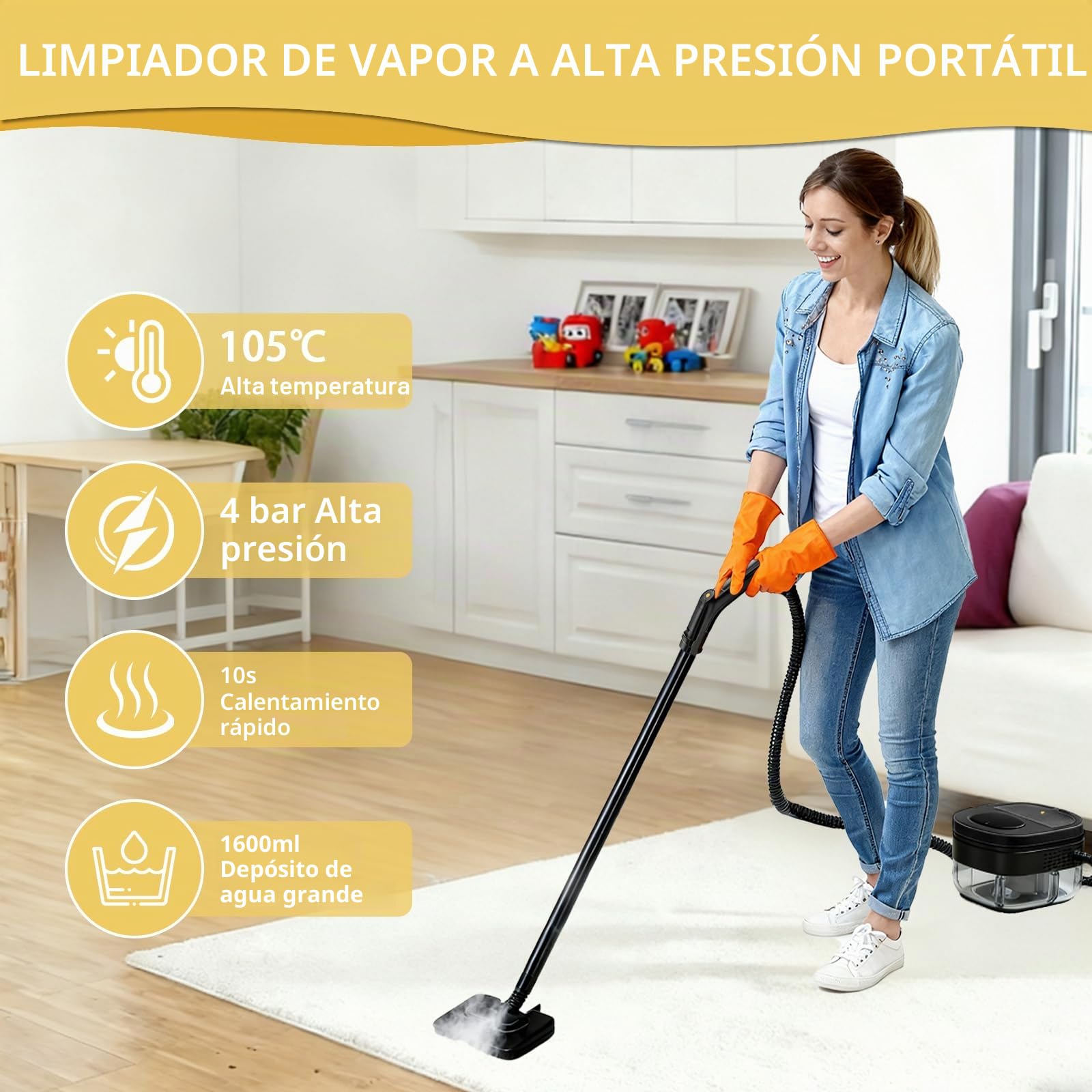 Limpiador a Vapor Portátil, 2500W Potente Limpiador a Vapor para el Hogar, 3 Velocidades Ajustables,17 Accesorios, Depósito de Agua de 1600 ml, Presión de 4 Bar, para Cocina, Ventanas, Pisos, Autos