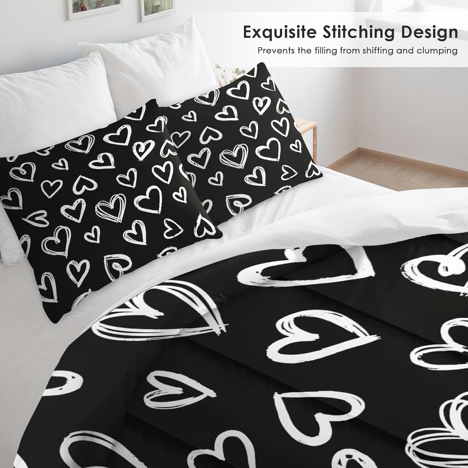 Pamnest Comforter Set Queen Size, Love Valentine Cute Soft 3 Pcs Bedding for Kids and Adults, Polka Heart Black White Comforter Set with 2 Pillowcases, for Bedroom Bed Decor