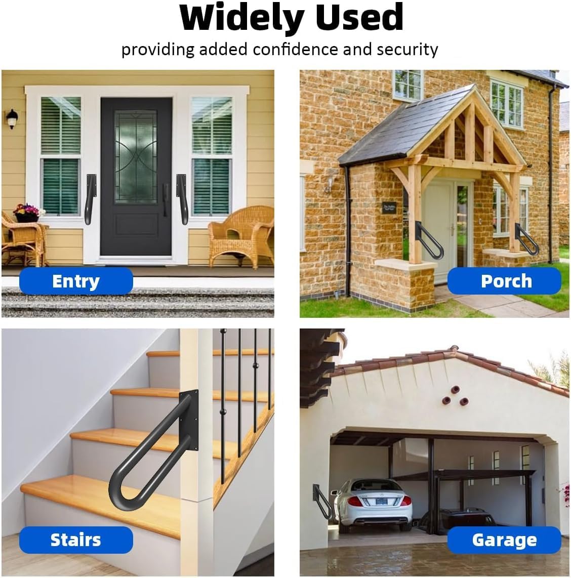 Hand Rails for Outdoor Steps Stair Railing Indoor Rail Metal Heavy Duty Non-Slip 1-3 Step Wall Mount Grab Bars U-Shape Safety Handle Garage Porch Courtyard Doorways (2 Pack 16")