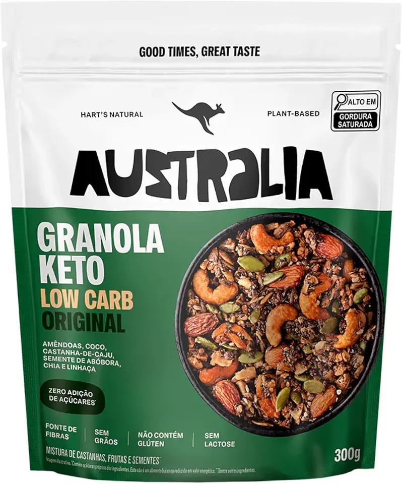 Hart's Natural Granola Australia Keto Low Carb | Granola Sem Açucar, Sem Lactose, Sem Glúten, Vegano | 100% Natural | Alto em Fibras | Snack Saudável | 300g