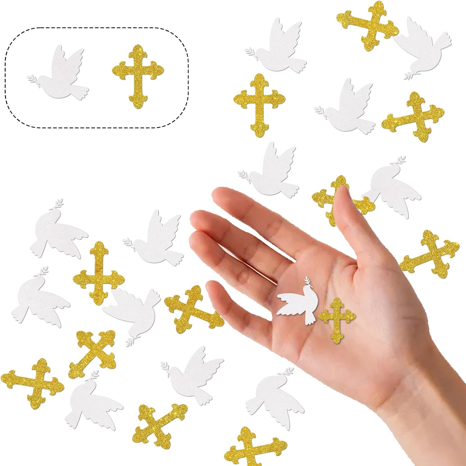 Glitter Double-sided 120pcs God Bless Confetti,Cross Paper Confetti for First Communion Party, Baptism Theme Party Wedding Christening Baby Shower Baptism Paty Paper Scatter
