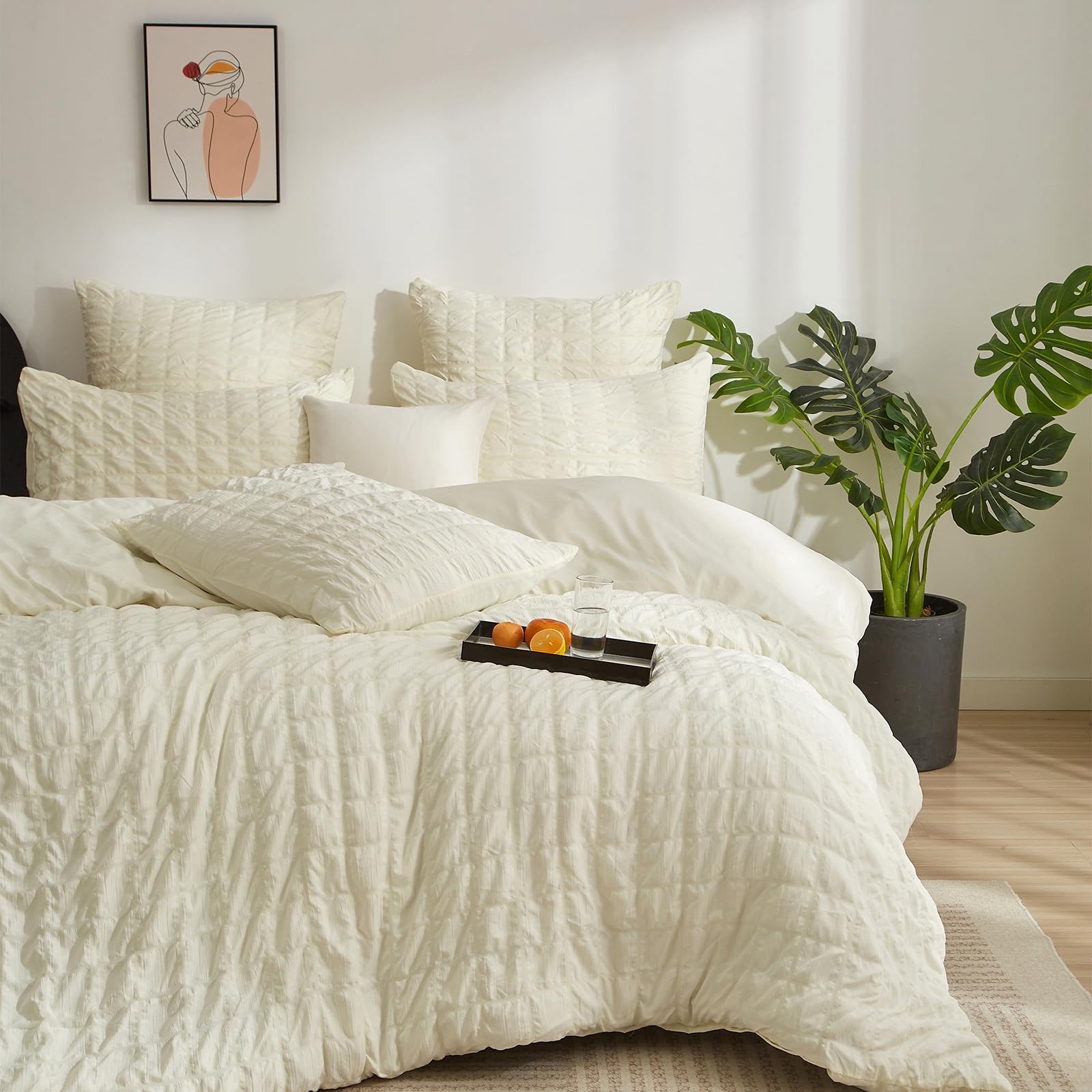 Housse de couette 220x240 beige sans repassage en seersucker doux et anti-plis
