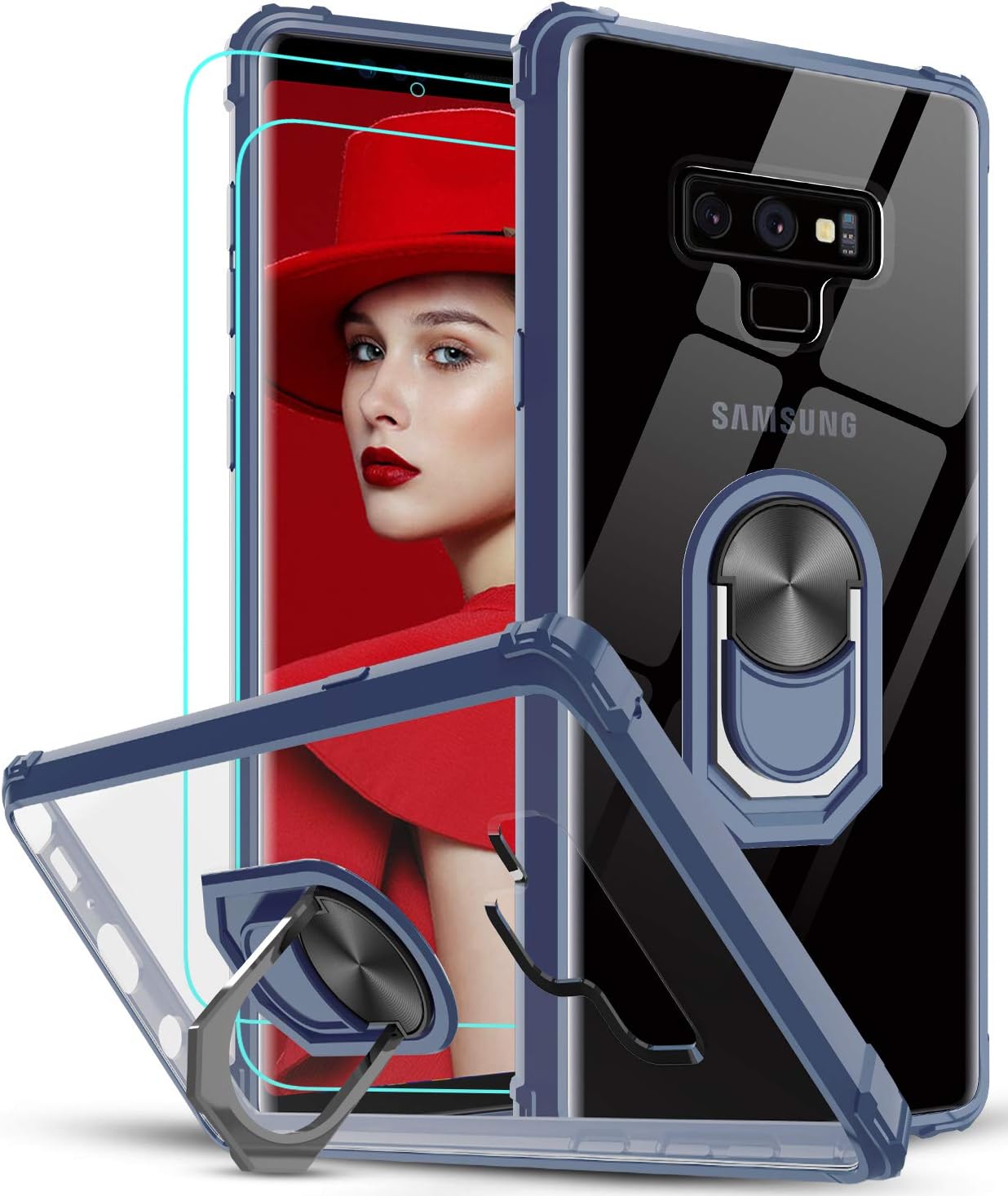 LeYi Samsung Galaxy Note 9 Case with 3D Curved Screen Protector [2 Pack], [Military-Grade] Clear Crystal Protective Phone Cover Case with Magnetic Ring Car Mount Kickstand for Samsung Note 9, Blue