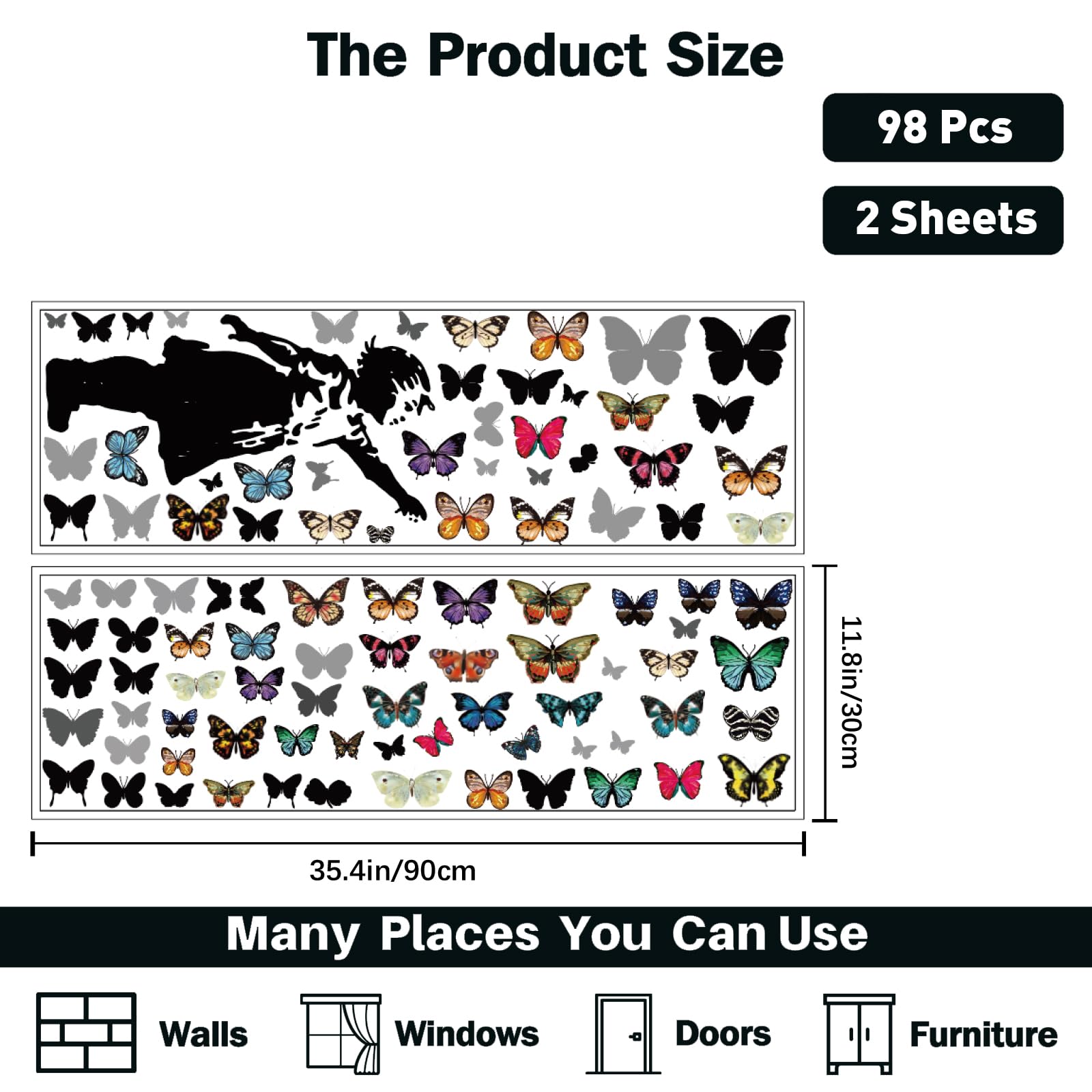 PLIGREAT 2 Sheets Banksy Girl Butterfly Wall Stickers Removable Vinyl Wall Decals Banksy Graffiti Art Mural Decals for Bedroom Living Room Nursery Office Home DIY Decor - Image 2