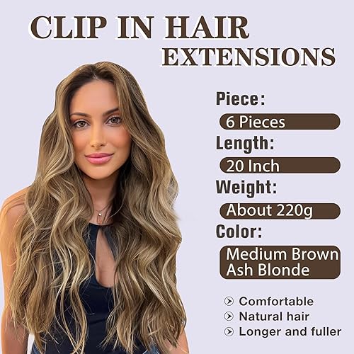Miniatura 7 de NAYOO Extensiones de cabello con clip para mujer, 20 pulgadas de largo, ondulado, rizado, mezcla de castaño oscuro, extensiones de cabello sintético