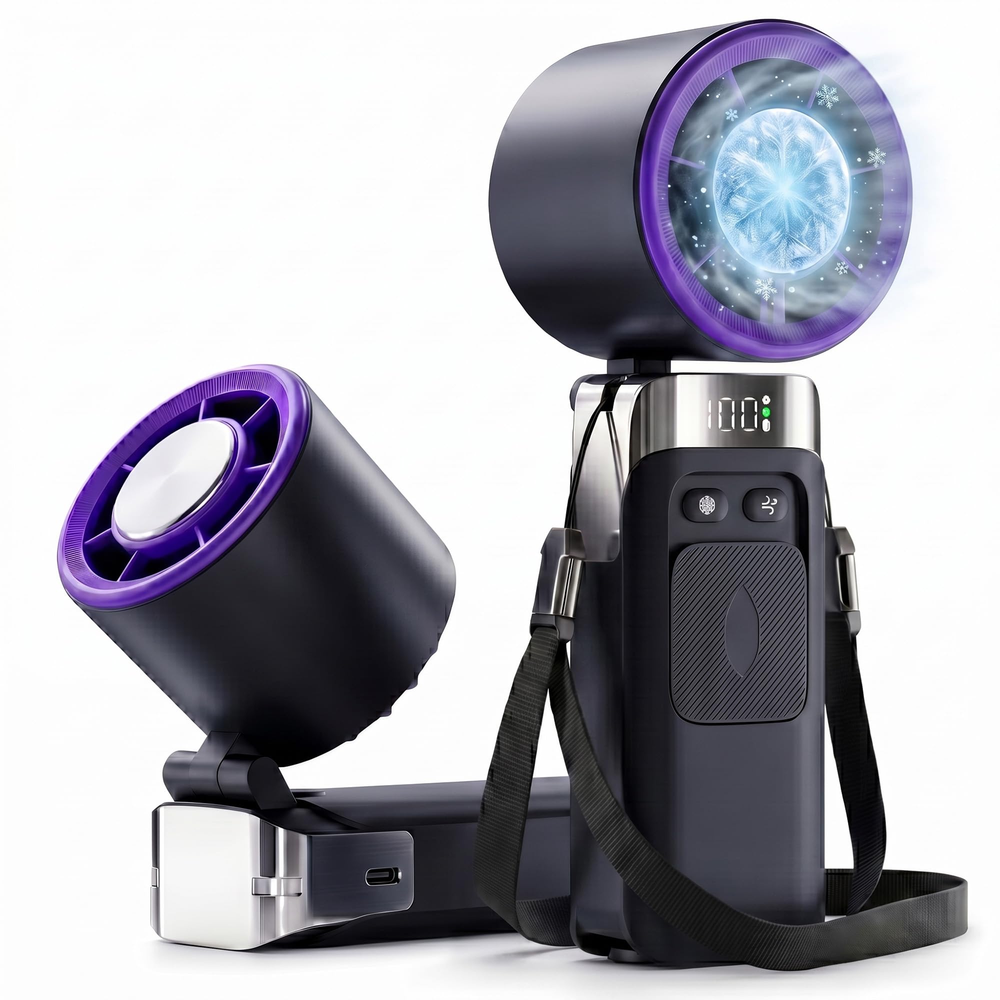 Ventox Rechargeable Handheld Fan, Grey-purple, 3600mAh Battery Up to 12H Cooling Mini Portable Fan with Lanyard, Digital Display, C Type USB Hand Held Fans 100 Speeds, 135° Adjustable Angle Airflow
