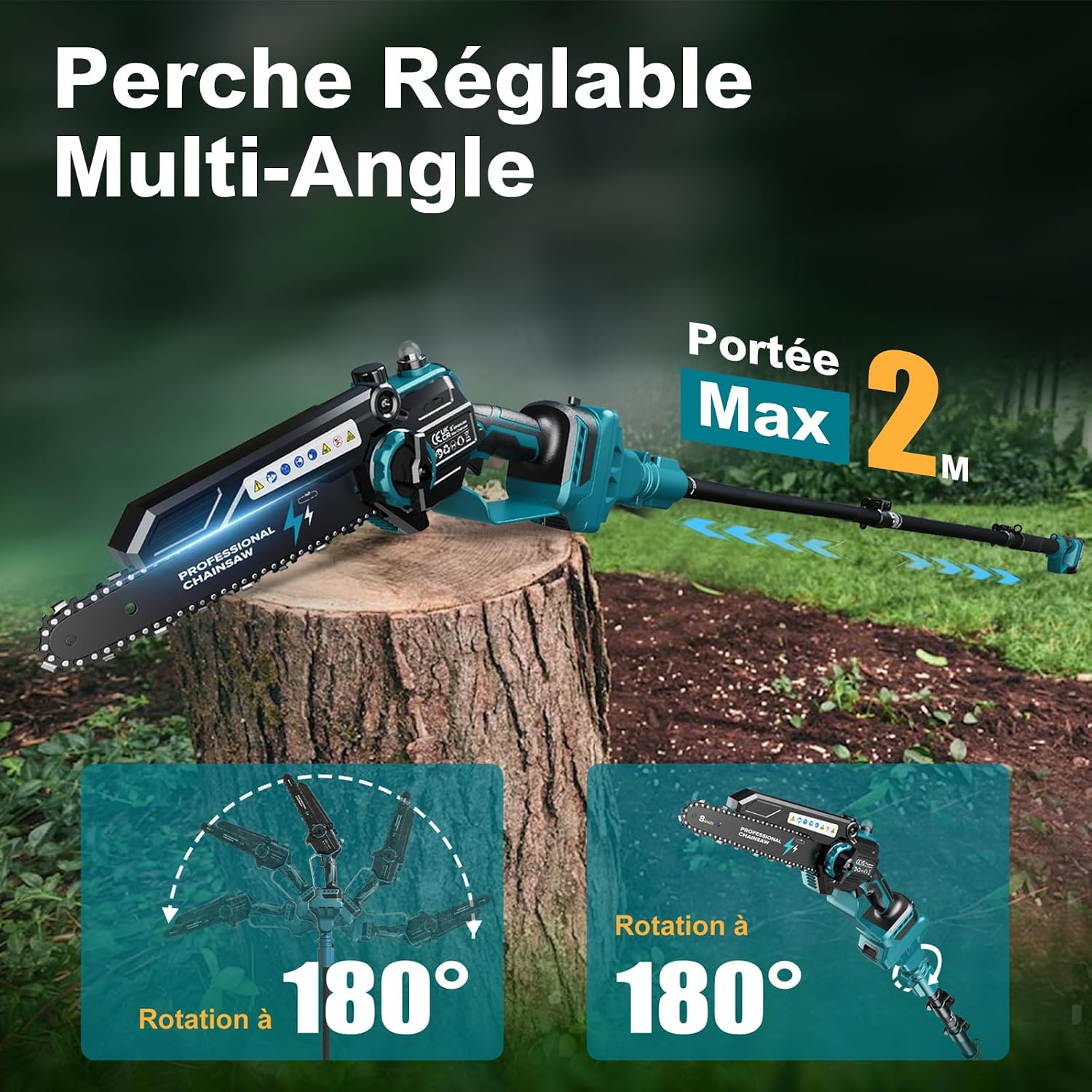 2-en-1 8 Pouces Tronçonneuse Télescopique & Mini Tronçonneuse, Tondeuse Electrique Sans Balais avec 2 Batteries de 4000 mAh, Moteur Brushless, Extension jusqu'à 4.5M — vue 6