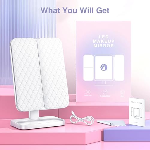 Miniatura 8 de Espejo de maquillaje con 78 luces LED, espejo de tocador iluminado recargable de tres pliegues, 3 modos de iluminación de color regulable, aumento
