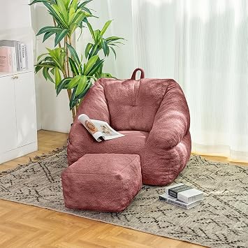 Bean Bag Chair with Filler, Bean Bag Sofa with Tufted Soft Stuffed Filling, Fluffy and Lazy Sofa, Comfy Cozy BeanBag Chairs with Memory Foam for Dorm, Apartment, Living Room (Red + Teddy + Foam)
