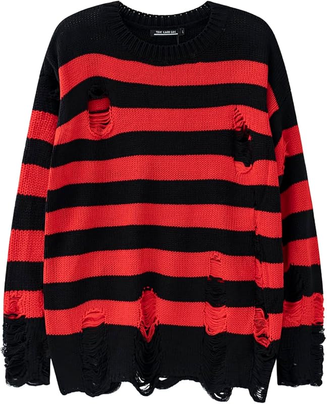 Suéteres de rayas rojas y negras para hombre, Jersey de punto con agujeros rasgados de gran tamaño, ropa de manga larga a la moda para otoño e invierno