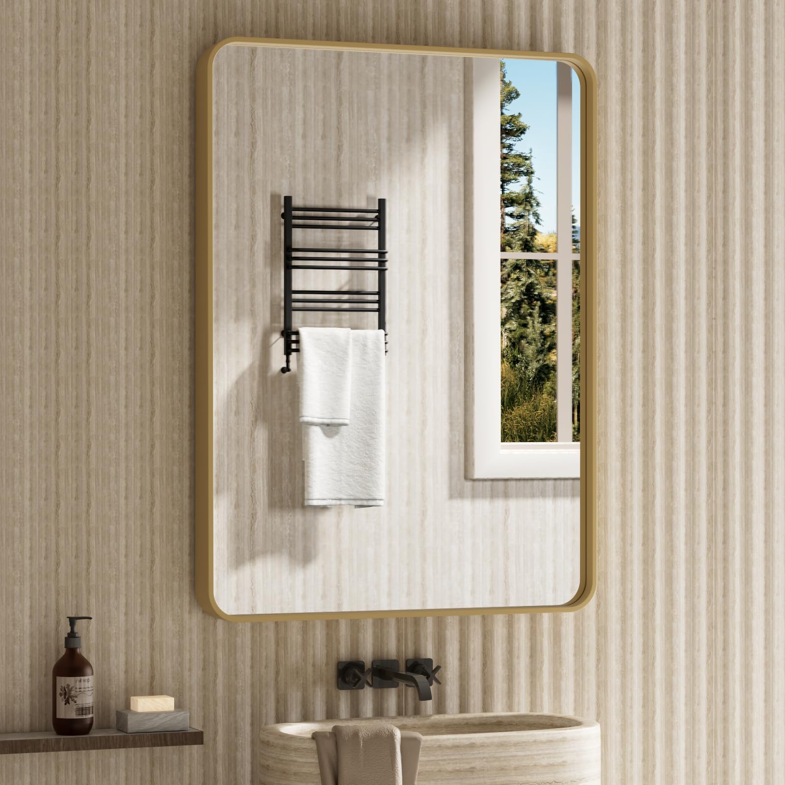 Brushed Gold Bathroom Mirror Wall Mounted Vanity Mirror with Rounded Corner Metal Framed, Tempered Glass, Anti-Rust(Horizontal/Vertical), 22 x 30 Inch