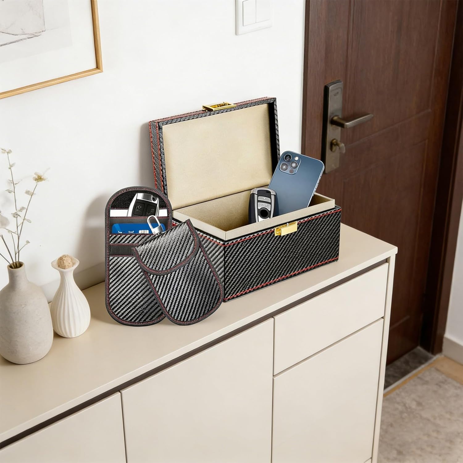 Electromagnetic Shielding Box and Secure Bags Set for Vehicle Keys with Cover and Leather Texture Design