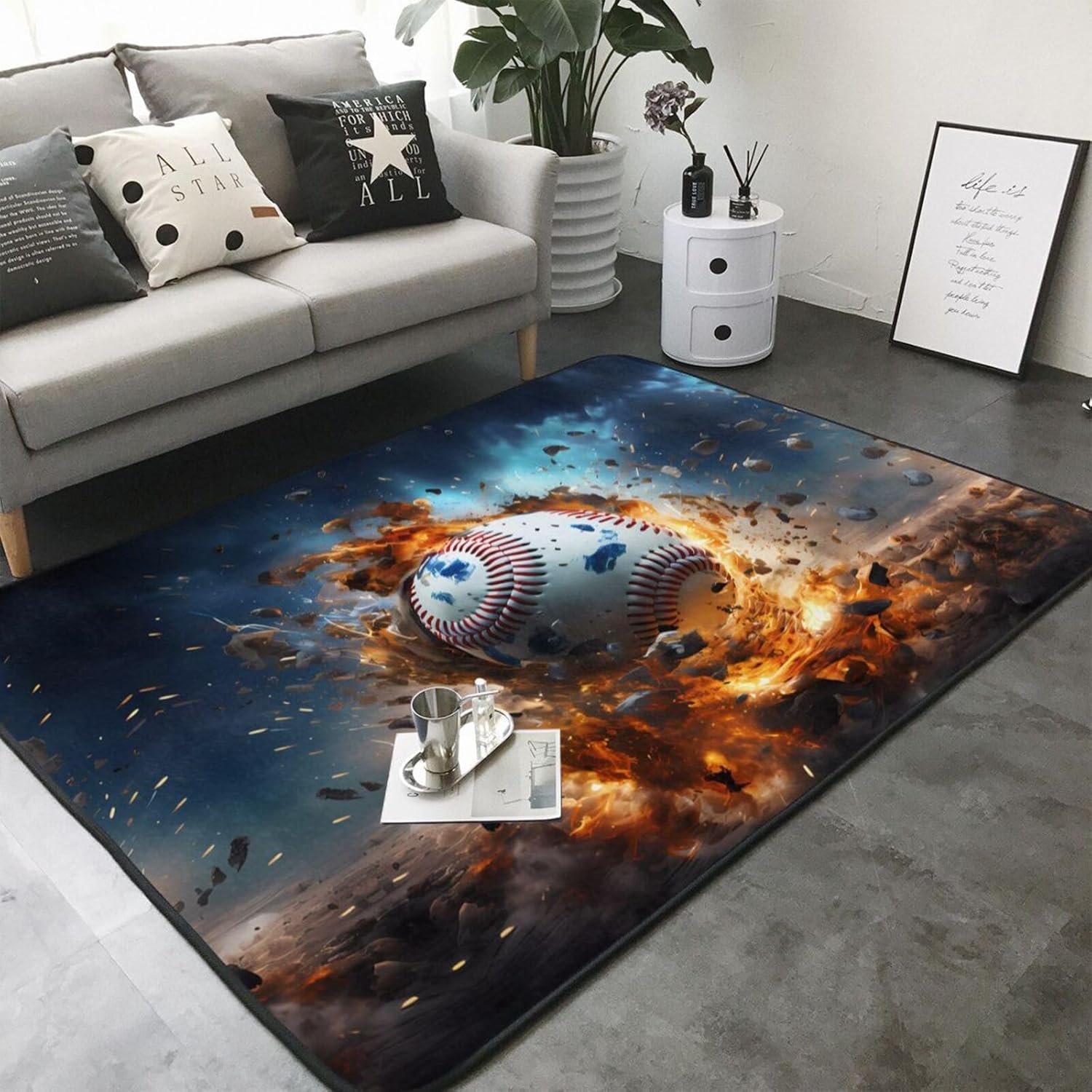 Hot Baseball Printed Floor mat 80x58 inches, Non-Slip Decorative Carpet for Bedroom and Living Room