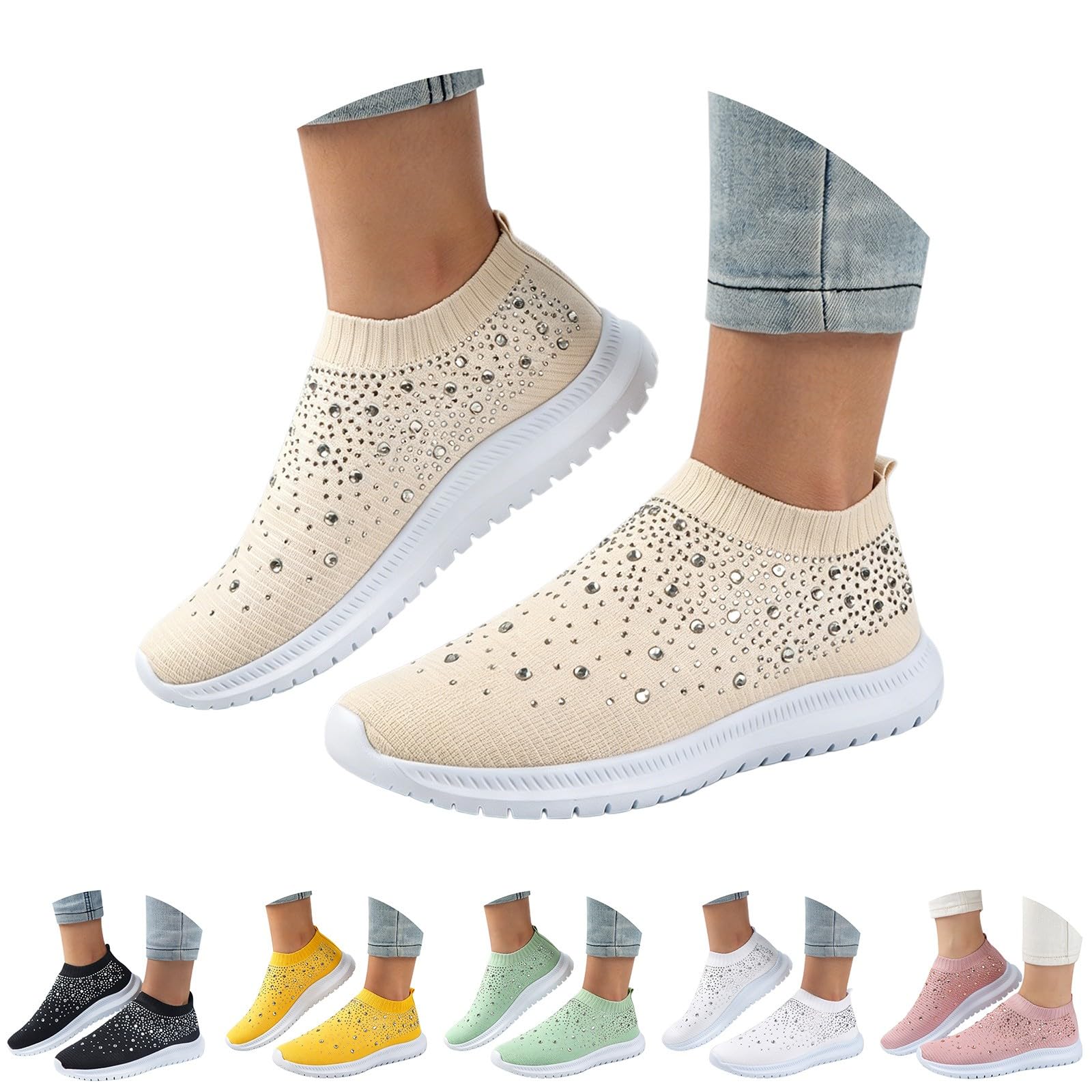 Scarpe da ginnastica da donna glamour con strass a maglia, senza lacci, con strass, per vacanze, crociere e feste, cachi, 40 EU