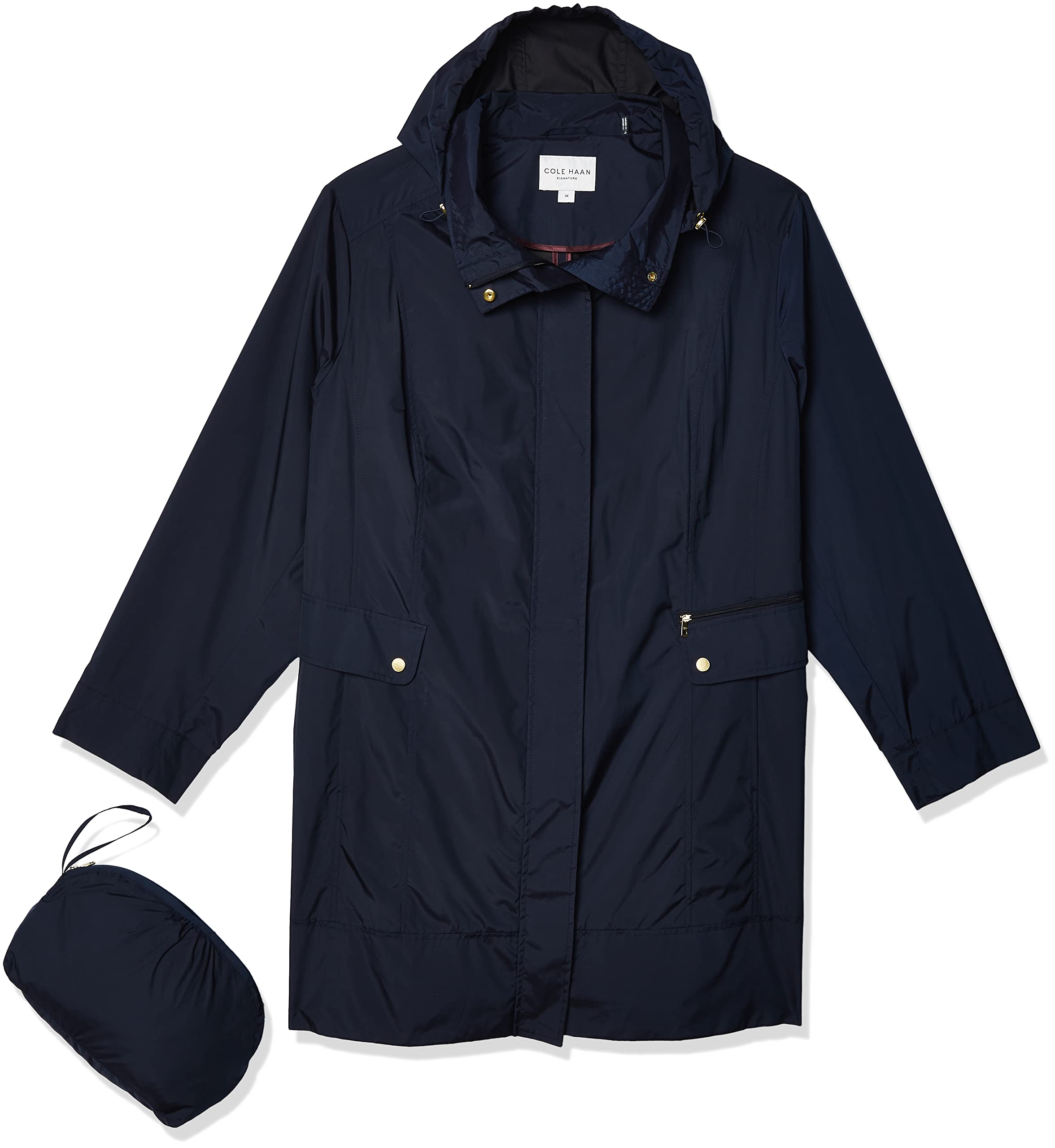 Cole Haan Women's Packable rain Jacket with Hood and Bow, Indigo, S
