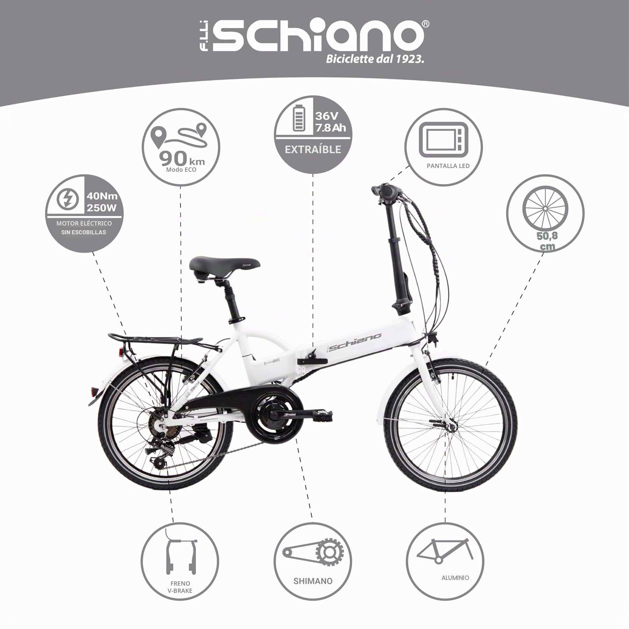 F.lli Schiano E-Sky, Bicicleta Electrica Plegable, 20", Batería 36V 7.8Ah Extraíble, Motor 250W 40Nm, Bici Electrica Urbana, Unisex Adulto