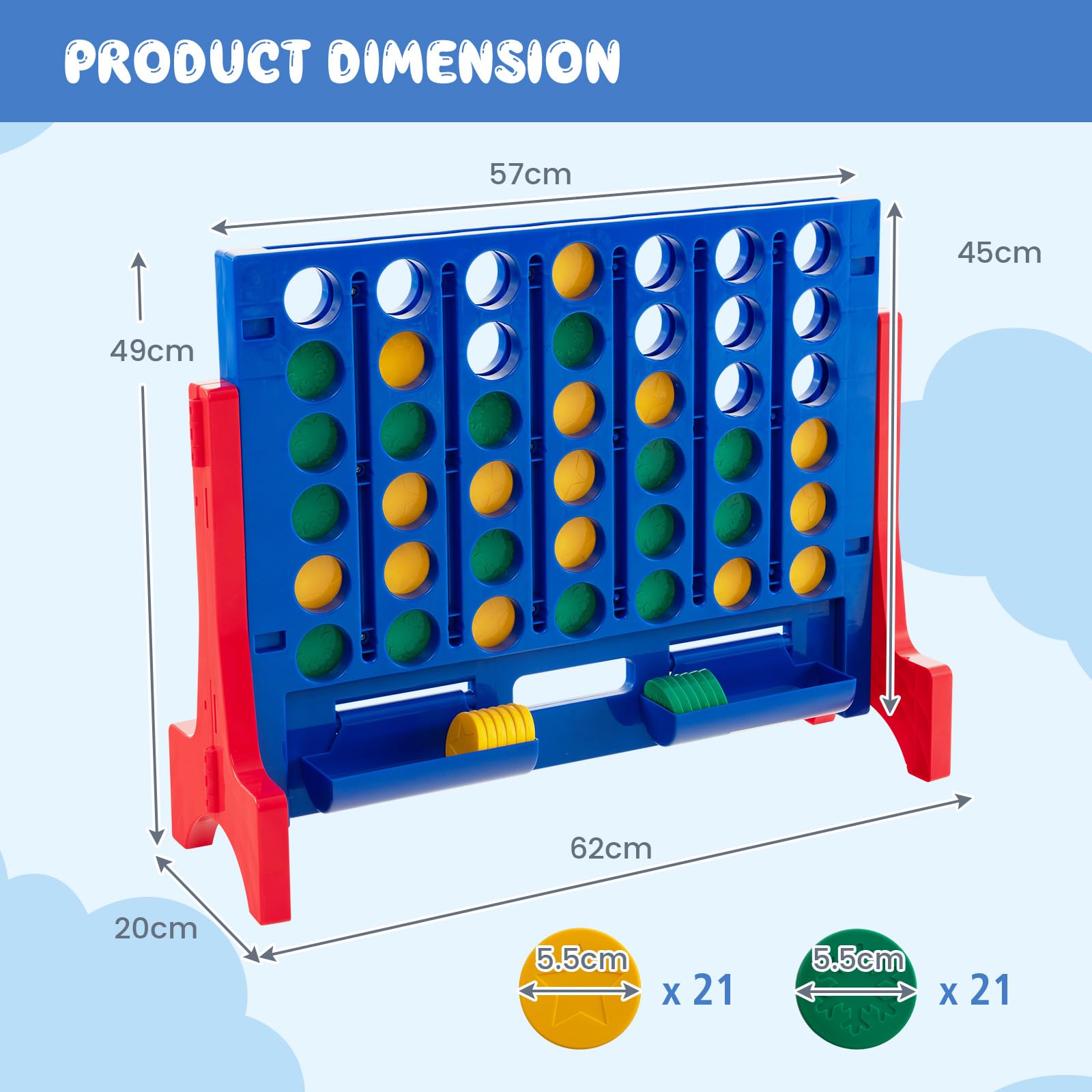 GYMAX Jeu géant quatre dans une rangée, jeu mural de 4 points pour marquer avec sac de transport et 42 échecs, pour intérieur et extérieur Connect 4 jeux familiaux pour enfants et adultes (rouge +
