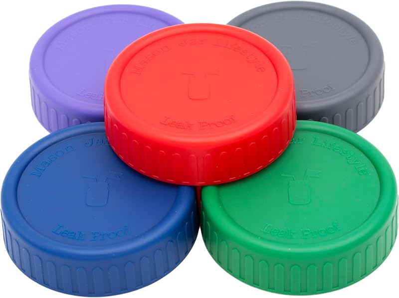 Leak-Proof Plastic Storage Lids with Platinum Silicone Liners – 5 Pack for Regular Mouth Mason Jars – Reusable, Eco-Friendly, Freezer Safe