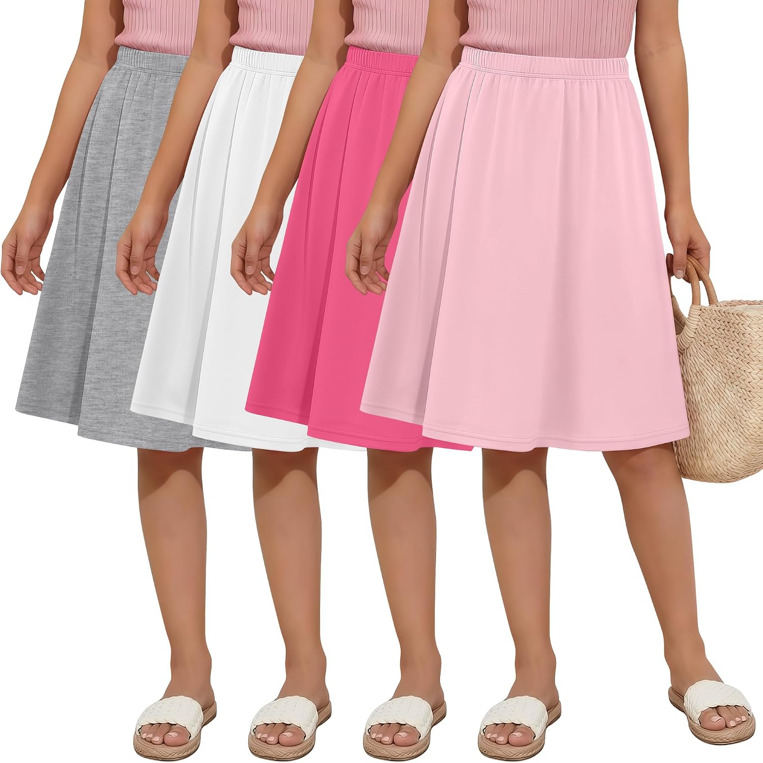 4 Pack Girls Knee Length Skirts Teen Summer Midi a Line Pleated Flowy Lightweight Skirts with Elastic Waist 5-16 Y