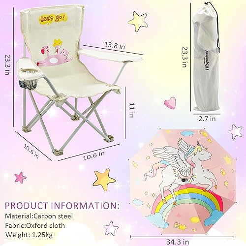 Miniatura 2 de Paquete de 2 sillas de campamento para niños, sillas de playa para niños con paraguas, soporte plegable para tazas, duradero, resistente al