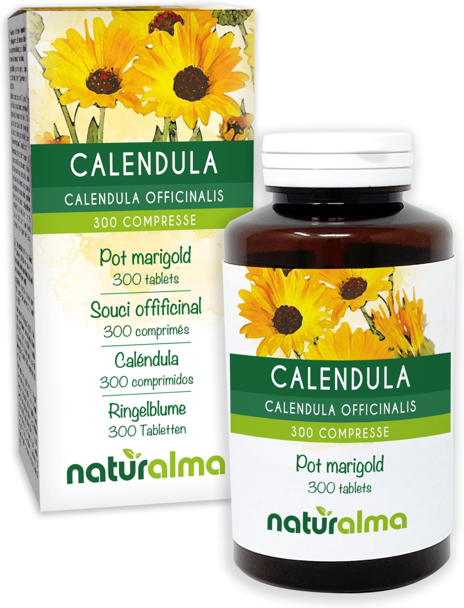 Pot Marigold (Calendula officinalis) Capitula (Flower Heads) Naturalma - 150 g - 300 Tablets - Food Supplement - Natural and Vegan