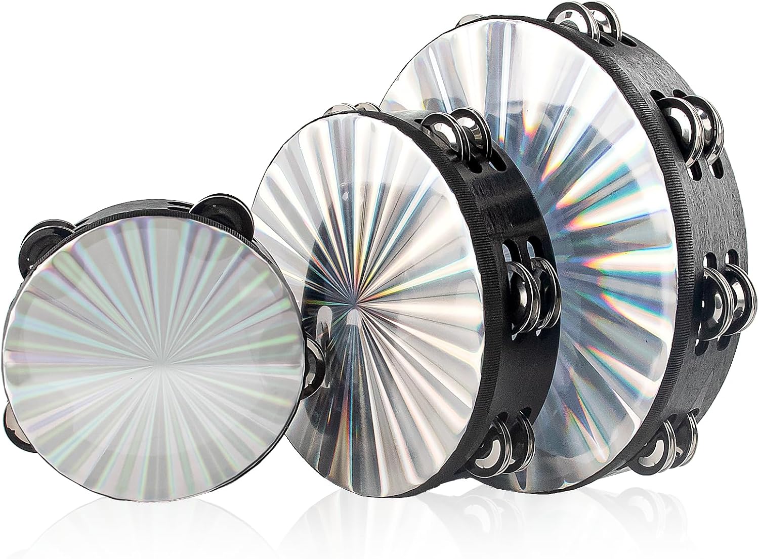 3 Pack Radiant Tambourine with Double Row Jingles, 6/8/10 Inch Hand Held Drum, Reflective Tambourines for Adults, Musical Instrumen for Church, Dance, Party, KTV