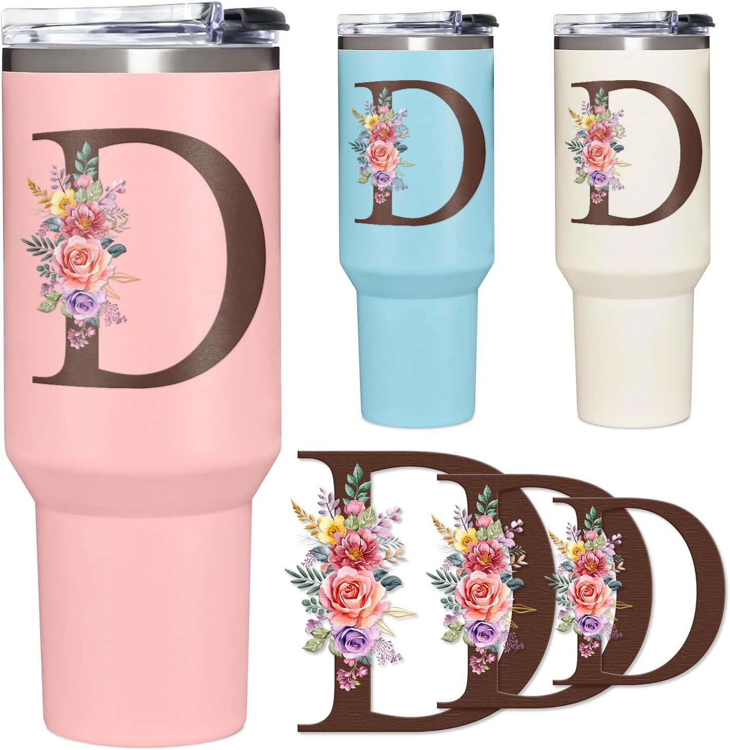 D Initial Monogram Floral Sticker ā Set of 3 | Watercolor Letter D Name Decals for Laptop, Water Bottle, Journal | Personalized Gift for Her, Teens & Women