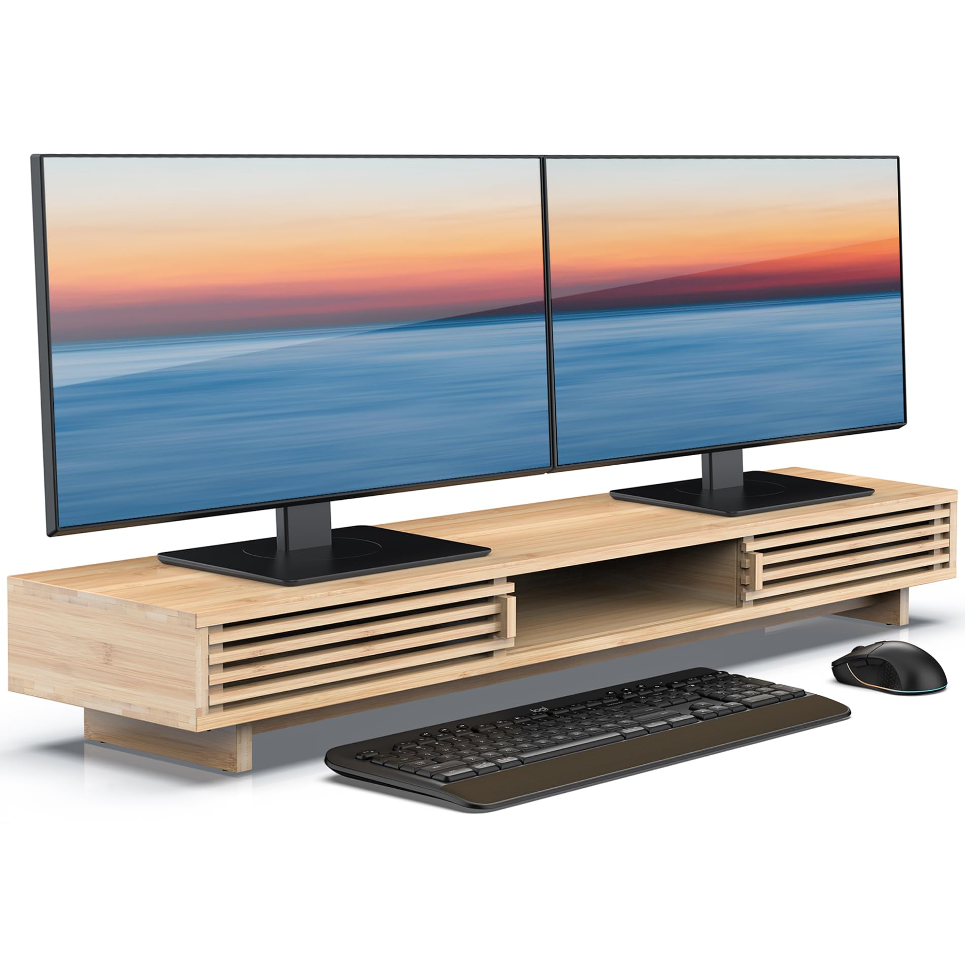 WELL WENG Dual Monitorständer Riser aus Holz für Monitor Bambus 96.7cm | Bildschirmerhöhung 2 monitore mit Schiebetüren im Gitter-Design Schreibtisch-Regal-Organizer mit Ordnungssystem