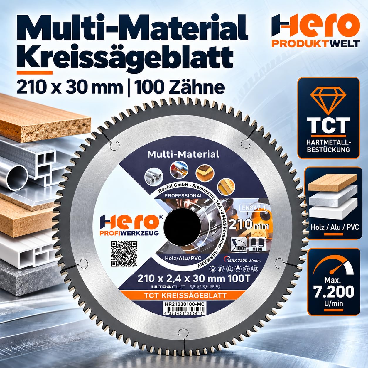 HERO Kreissägeblatt 210 x 30 mm 100 Zähne – Profi Hartmetall TCT Multi Material Sägeblatt für Holz, Laminat, Aluminium, PVC & NE-Metalle – Präzisions Feinschnitt