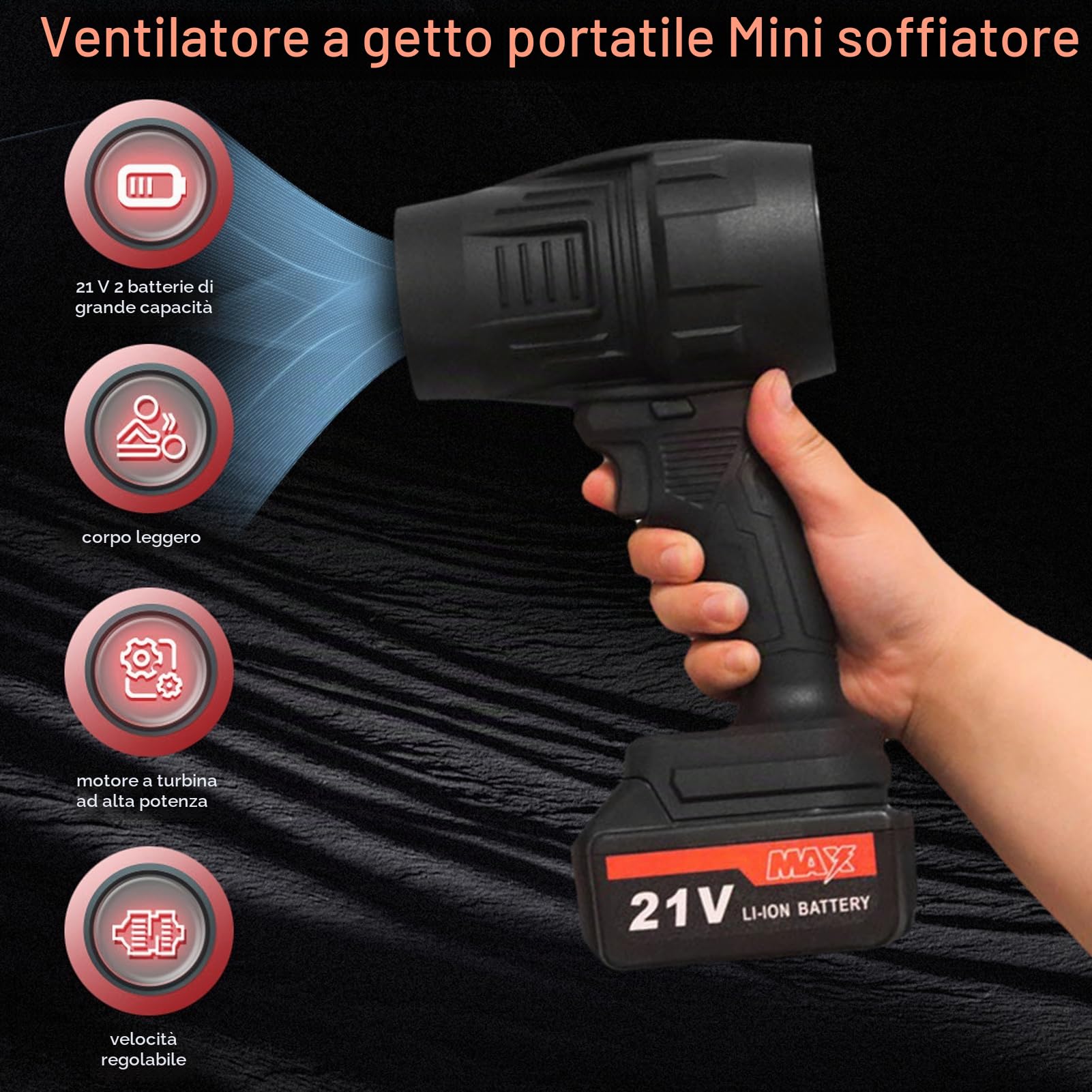 Soffiatore per Foglie Alimentato a Batteria, Mini Soffiatore a Getto con 2 Batterie da 21 V di Grande capacità, Ventilatore a Getto per Asciugatore Portatile per Auto, per