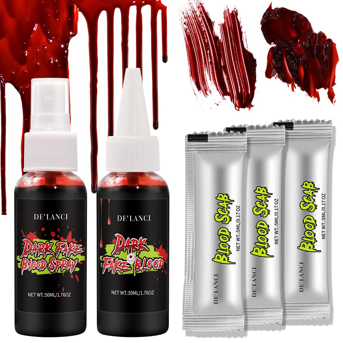 Halloween Fake Blood Makeup kit-Fake Blood Spray 1.76oz+Dripping Blood 1.76oz+3 Pcs Fake Coagulated Blood 0.17oz, Realistic Washable Special Effects Zombie SFX Makeup Set for Vampire,Monster,Face Body