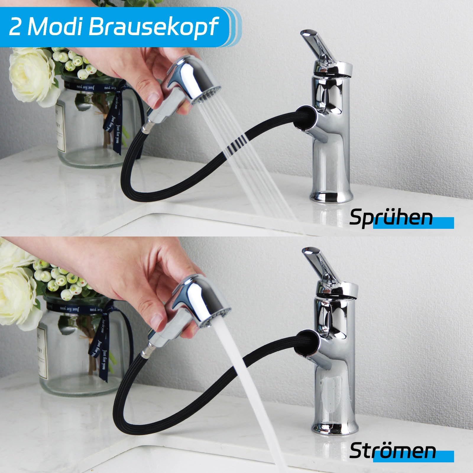 Wasserhahn Bad Ausziehbar, SEMANEY Waschtischarmatur mit Herausziehbarer Brause, Mischbatterie Waschbecken 2 Wasserstrahlarten, Einhebelmischer Waschbecken Armaturen, Chrom