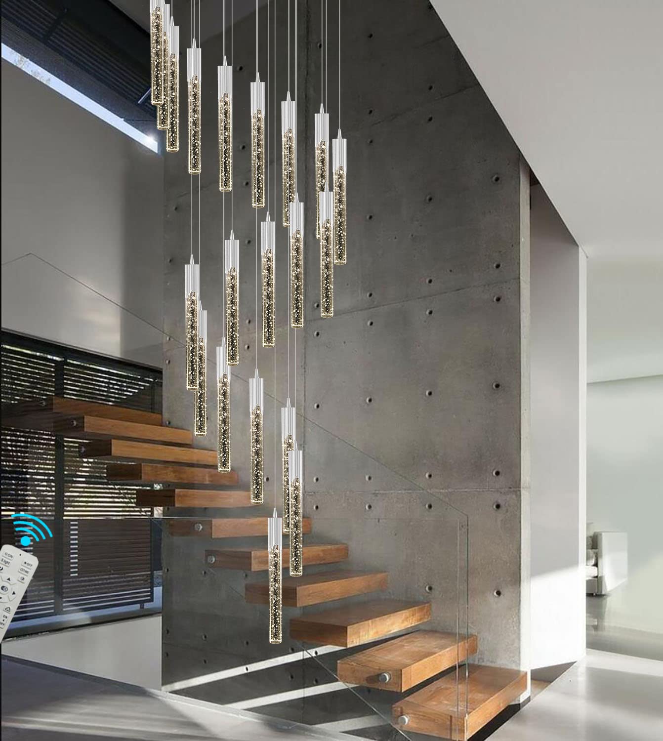 Lámpara de araña Moderna Plateada de 20 Luces Regulables - Elegante lámpara Colgante de Cristal para techos Altos, vestíbulo, Escalera, Pasillo, Villa. Longitud: 3,5 Metros (11,5 p