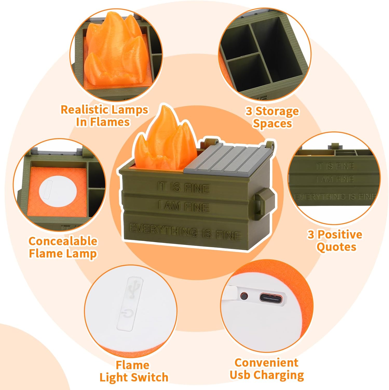 Dumpster Fire Pencil Holder Fun Desk Accessories with Removable Flame Light Touch Dimming Mode & USB Charging Port Perfect Pen Holder for Desk, Funny Gift for Coworkers - Image 3