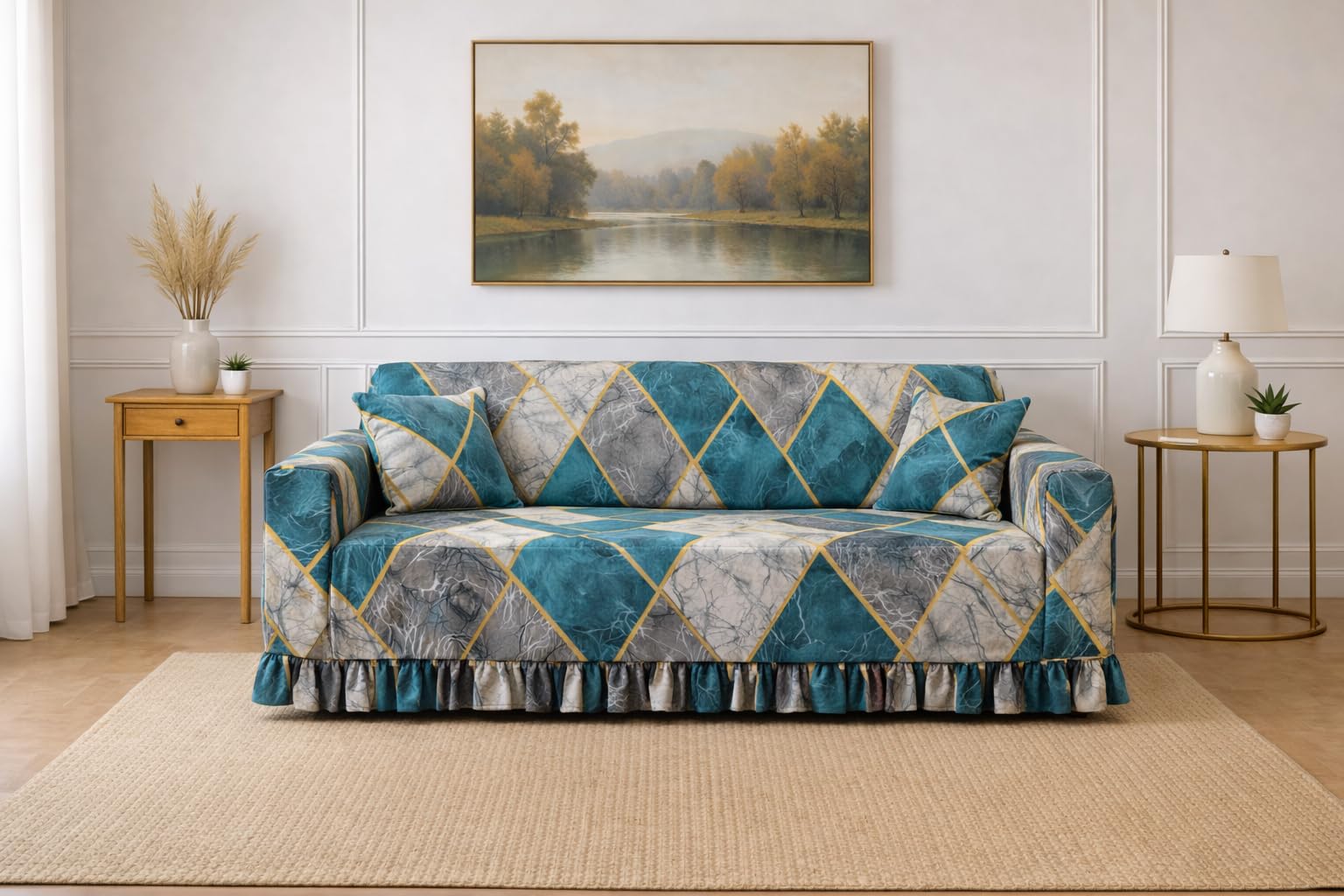 Universal 3 Seater Skirt Sofa Cover with Elegant Frill Design, Stretchable Fabric, Couch Protector for Living Room, Modern Stylish Furniture Cover (Teal Diamond, 3 Seater)-image-46