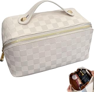 Checkered Makeup Bag Large Cosmetic Bag PU Leather Makeup Bag Storage For Women Girls Travel Toiletry Bag With Handle Divider Large Opening Metal Zipper Cosmetic Organizer (checkered white)
